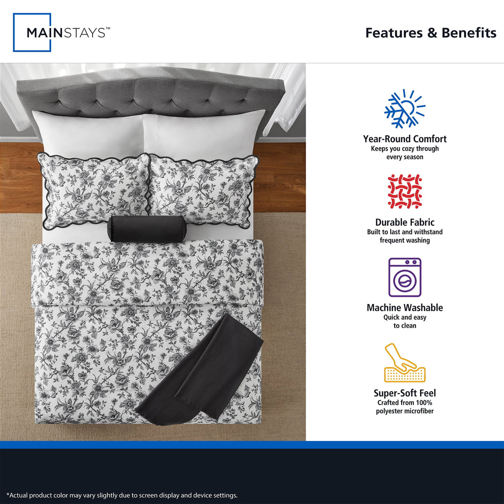 Mainstays Floral Scallop 4-Piece White/Black Comforter Set, Twin/Twin XL - Image 4