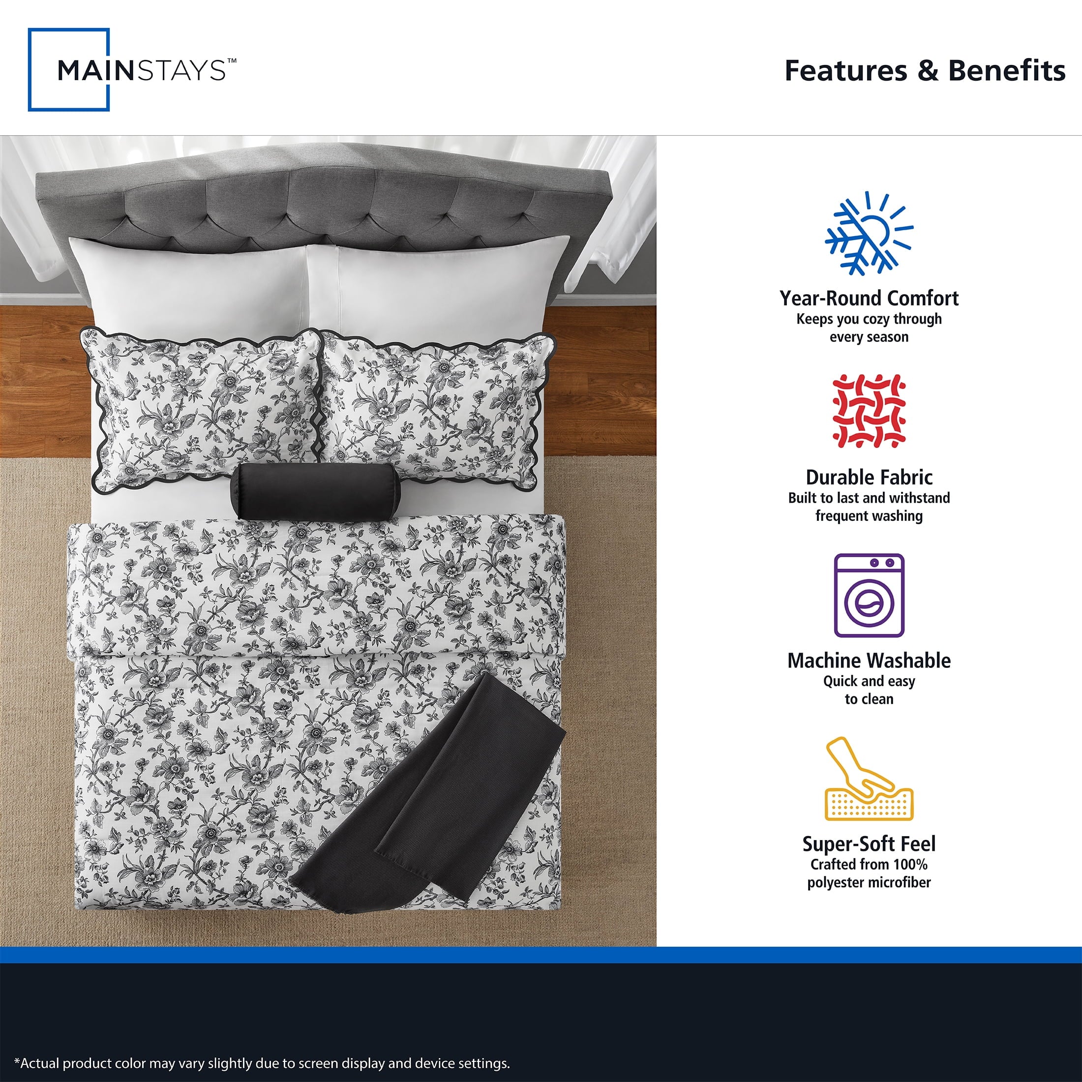 Mainstays Floral Scallop 4-Piece White/Black Comforter Set, Twin/Twin XL - Image 4