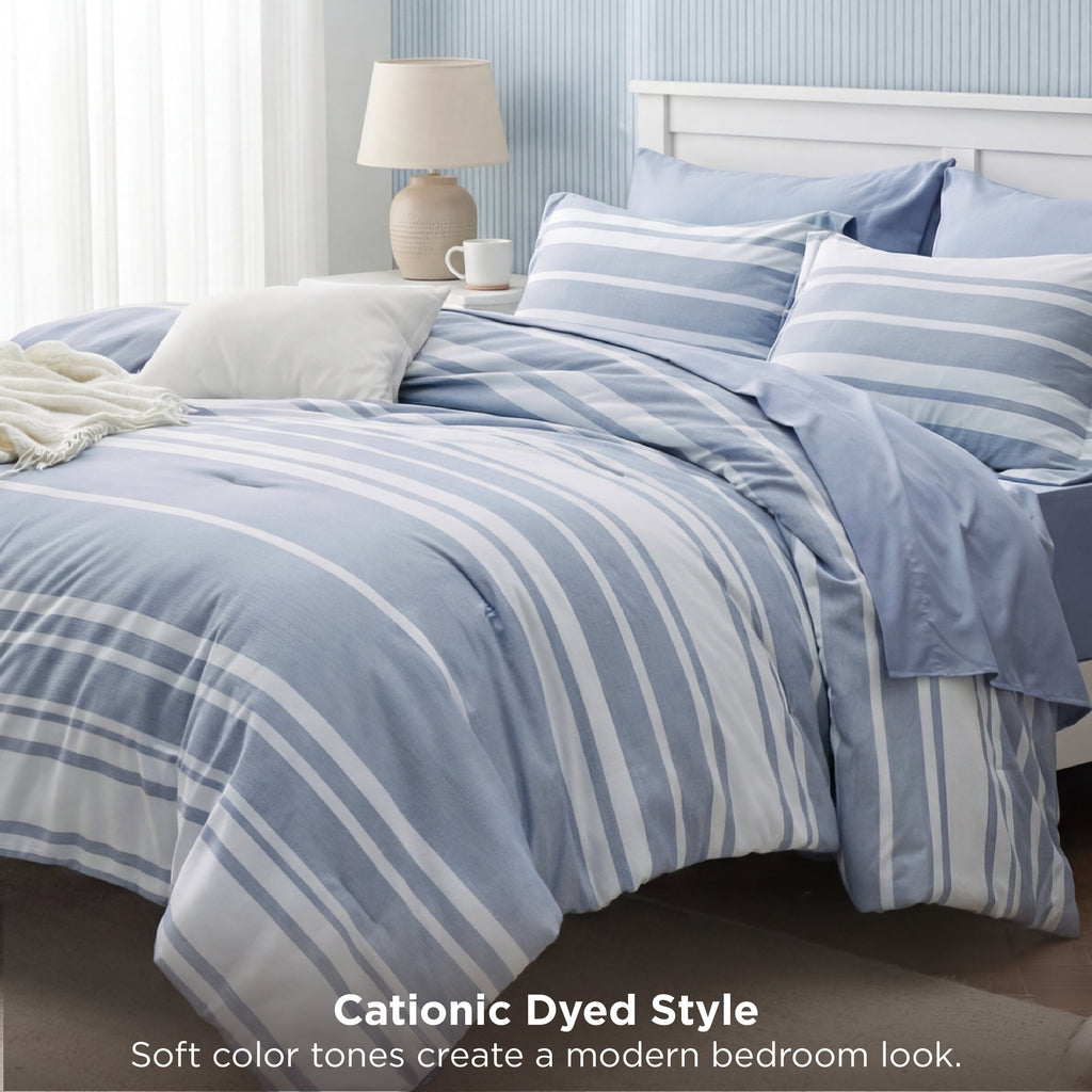 Queen Comforter Set Blue, Bed in a Bag Queen Size Bedding 7-Pieces, Striped Bedding Set for All Seasons - Image 5