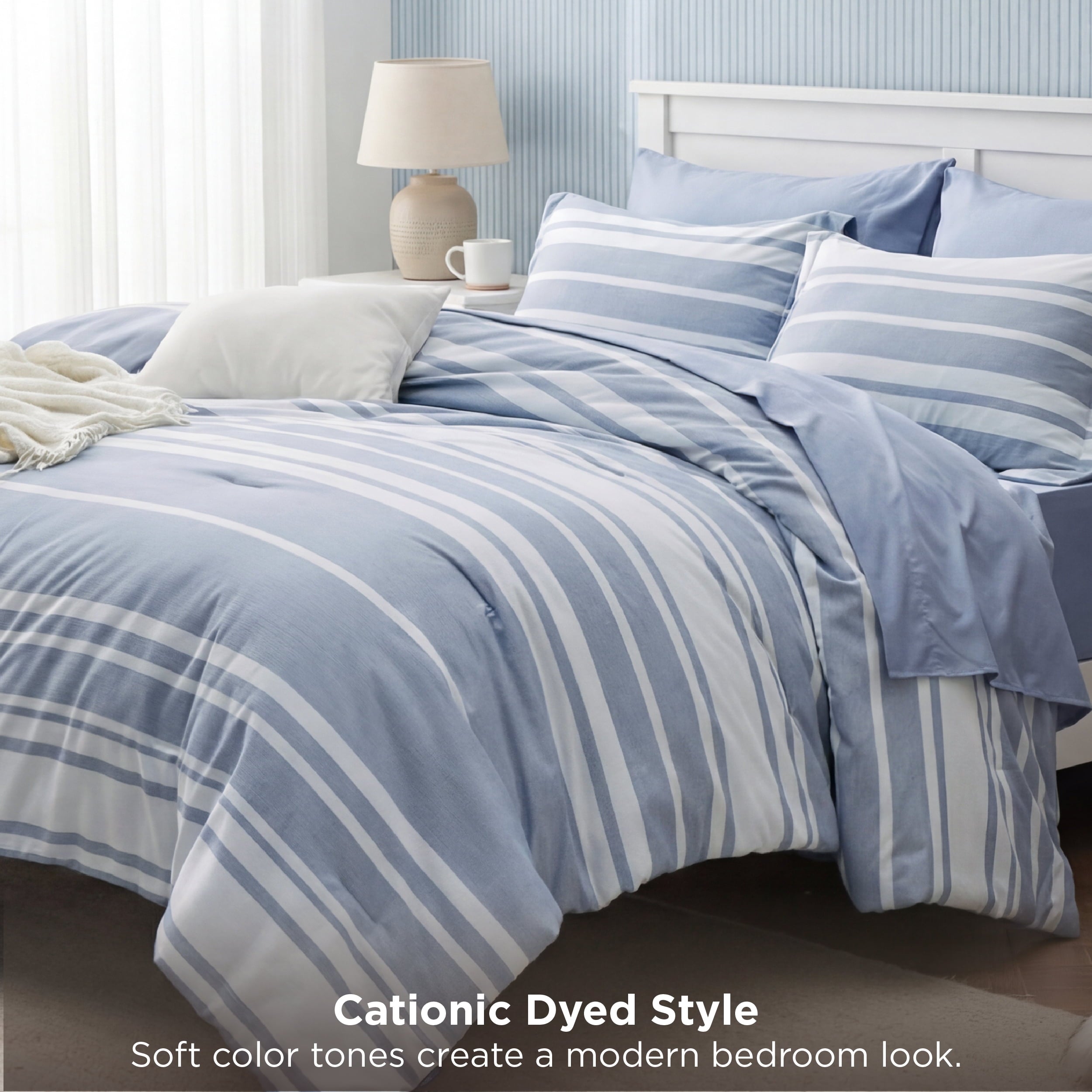 Queen Comforter Set Blue, Bed in a Bag Queen Size Bedding 7-Pieces, Striped Bedding Set for All Seasons - Image 5