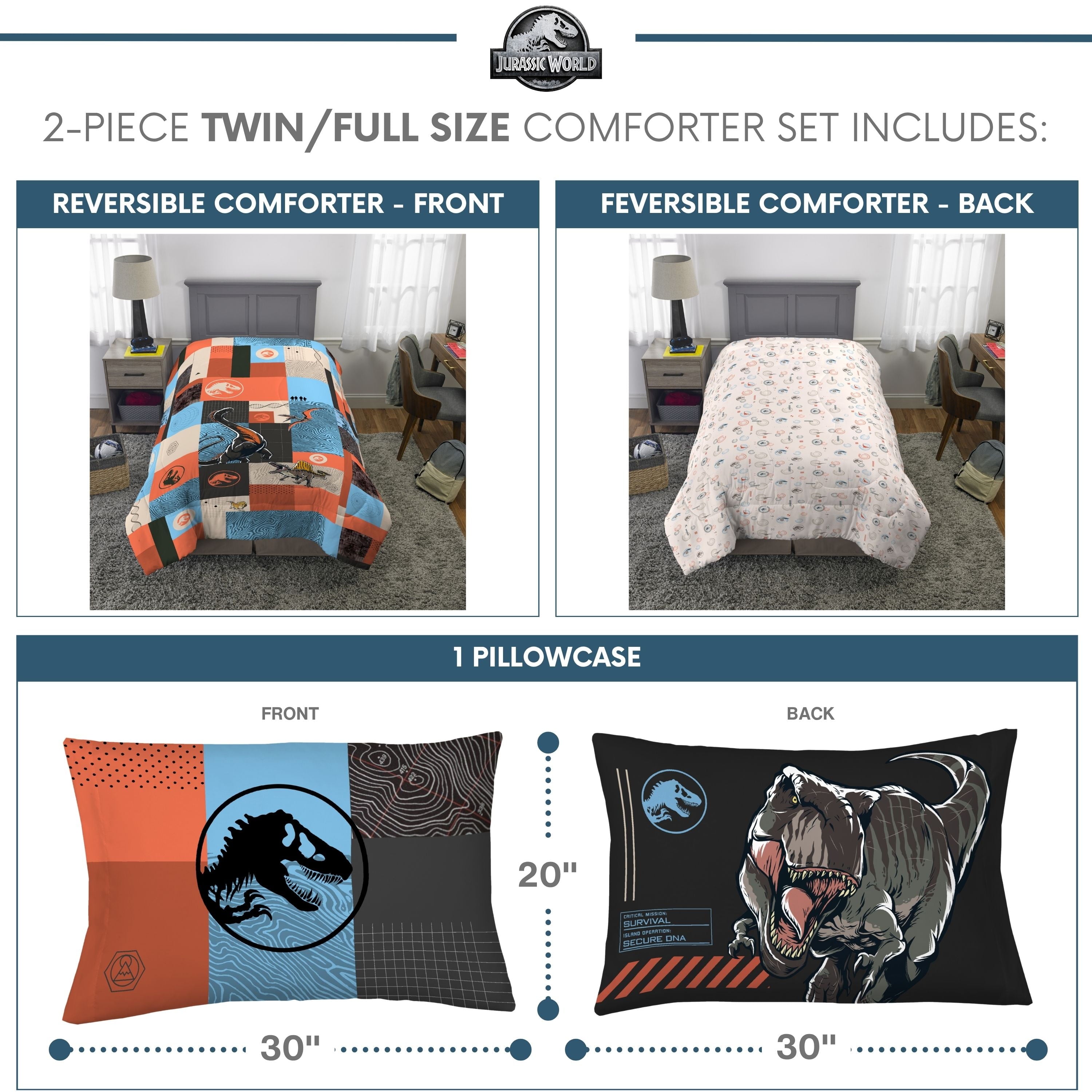 Kids 2 Piece Blue Orange Reversible Dinosaur Comforter and Pillowcase set, Twin/full - Image 5