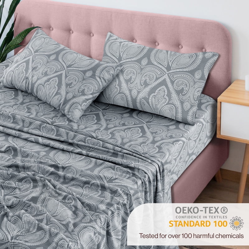 Lux Decor 4 Piece Queen Sheet Set, Brushed Microfiber Paisley Printed Bed Sheet Set with up to 16" Deep Pocket Fitted Sheet, Flat Sheet & 2 - Image 5