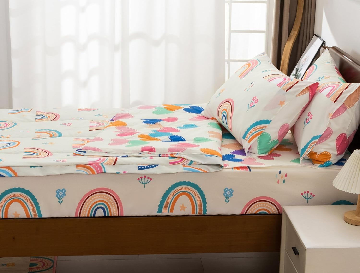 3-Piece Kids Comforter Set Twin Zipper Bedding for Girls, Rainbow Comforter with Flower Pattern (Beige) - Image 4