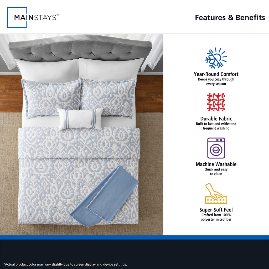 Mainstays Full/Queen Comforter Set, All-Season, 5-Piece, Blue Matelasse Ikat - Image 4