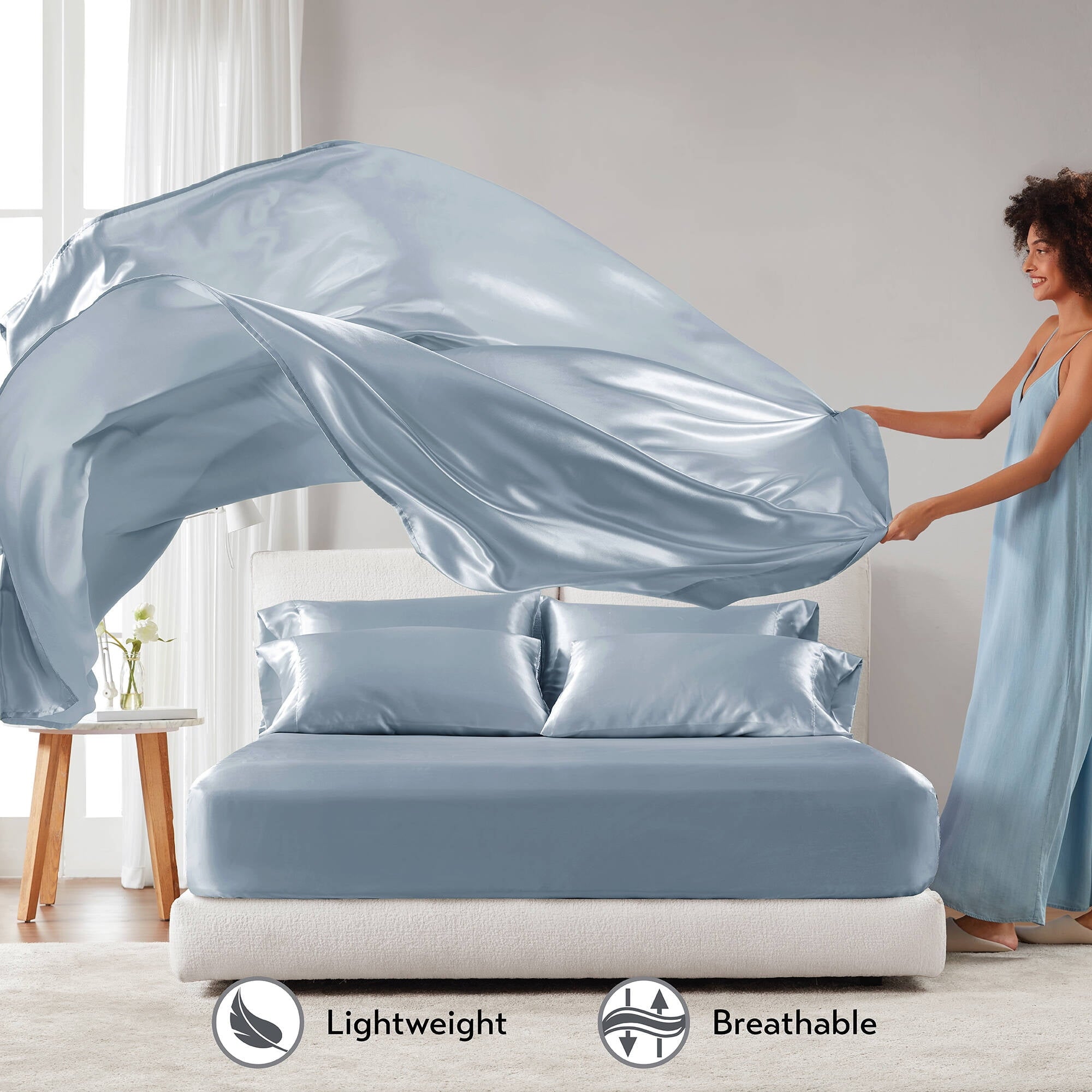 Satin Sheet Set, Twin Bed Sheets with Pillowcases, 4-Piece Luxury Silky Sheet Set, Blue, Gifts for Women - Image 2