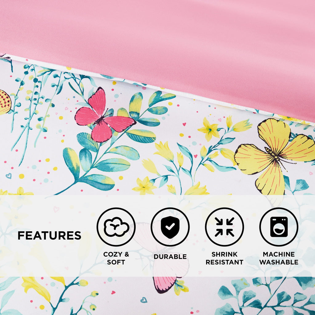 Full/Queen Size Comforter Sets, 4-Piece Kids Bedding Set for Girls, Butterfly Floral Comforter Bed Set, White/Pink - Image 4