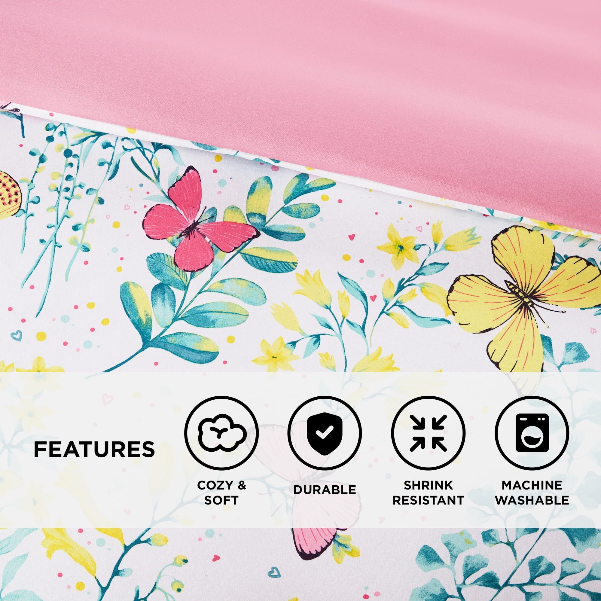 Full/Queen Size Comforter Sets, 4-Piece Kids Bedding Set for Girls, Butterfly Floral Comforter Bed Set, White/Pink - Image 4