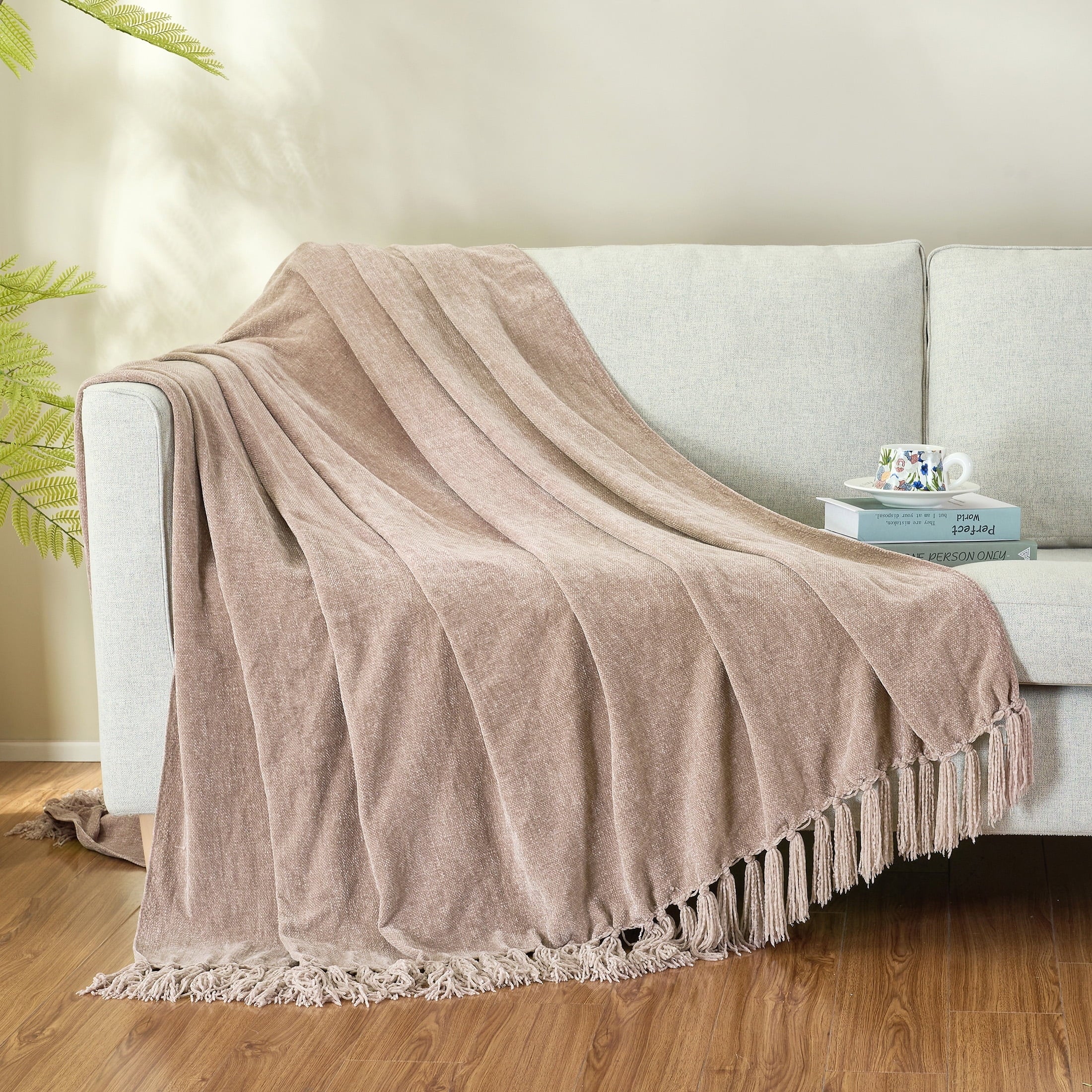 Chenille Throw Blanket with Fringe Tassel for Couch Sofa Chair Bed, Taupe 50" X 60" - Image 6