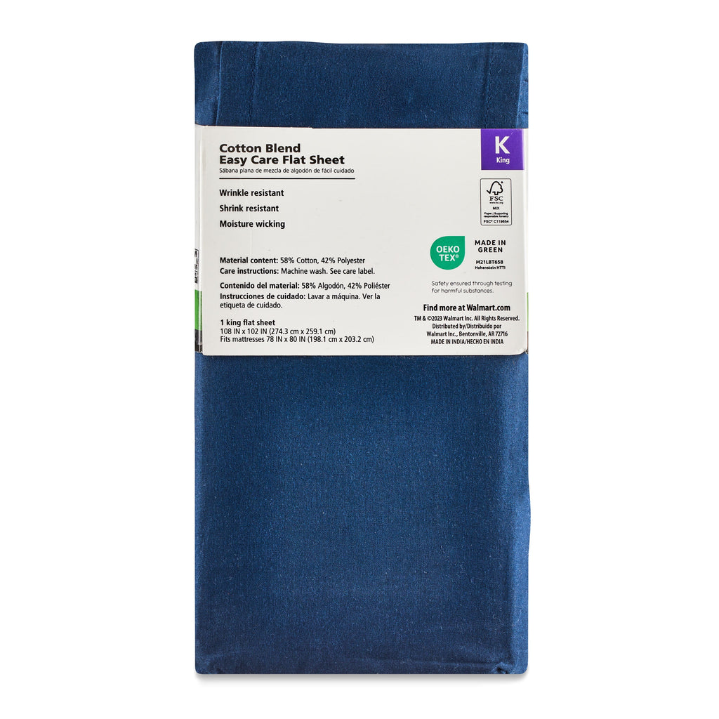 300 Thread Count Easy Care Blue Cove Cotton Blend Percale Flat Bed Sheet, King - Image 4
