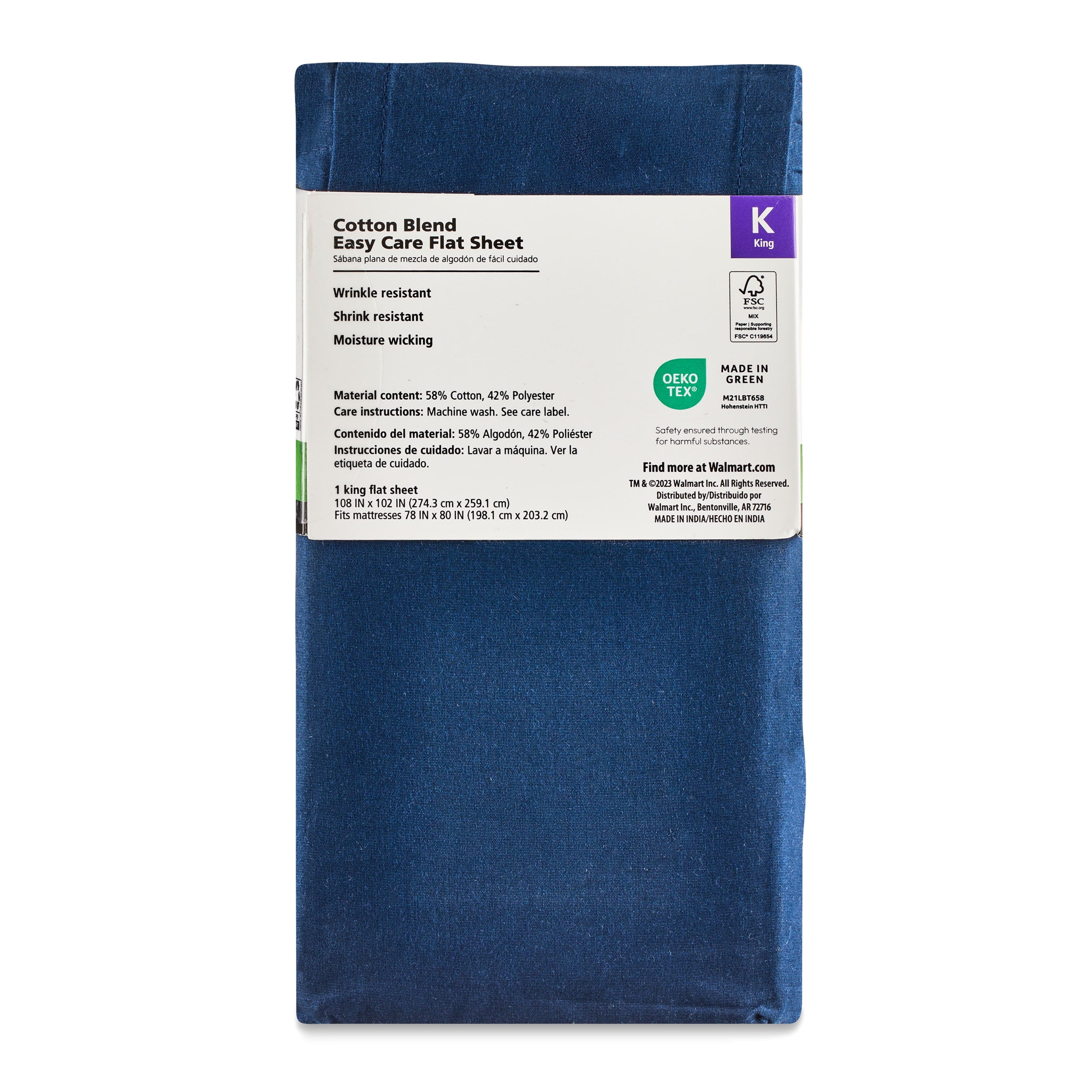 300 Thread Count Easy Care Blue Cove Cotton Blend Percale Flat Bed Sheet, King - Image 4