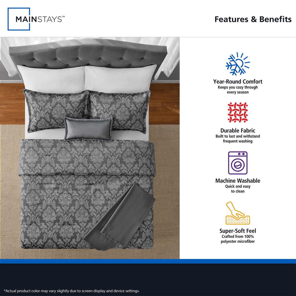 Full/Queen Comforter Set, All-Season, 5-Piece, Grey Jacquard Damask - Image 4