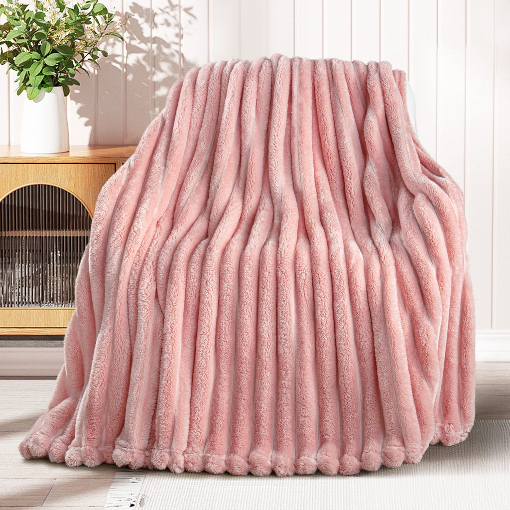 Exclusivo Mezcla Fleece Throw Blanket for Couch, Super Soft 3D Striped Jacquard Blanket, Lightweight Fuzzy Cozy Blankets, Pink, 50"x60" - Image 2