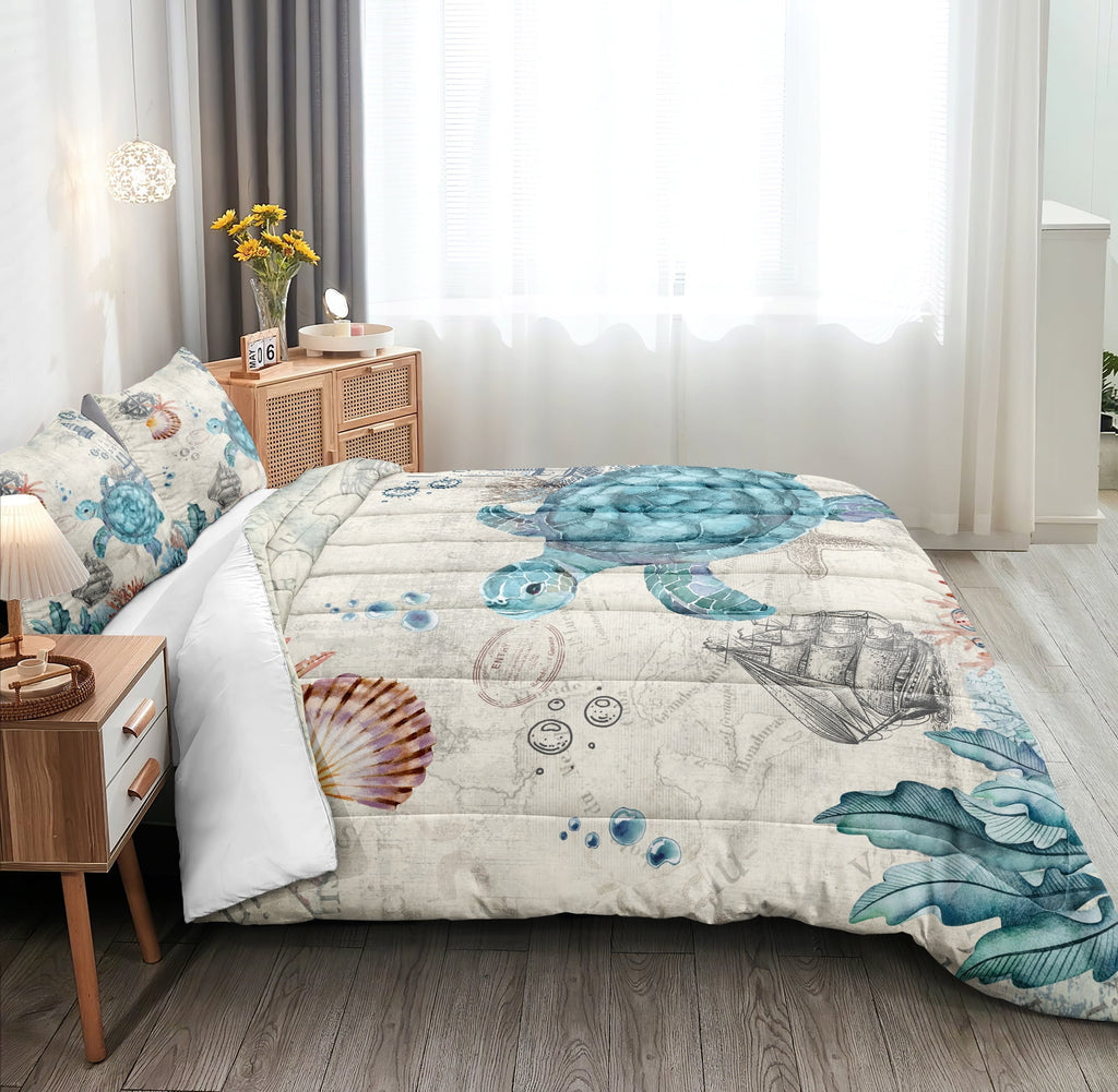 Move Over Sea Turtle Comforter Set Queen Ocean Beach Bedding Set Soft and Lightweight Retro Style Design Coastal Bedding Set - Image 6