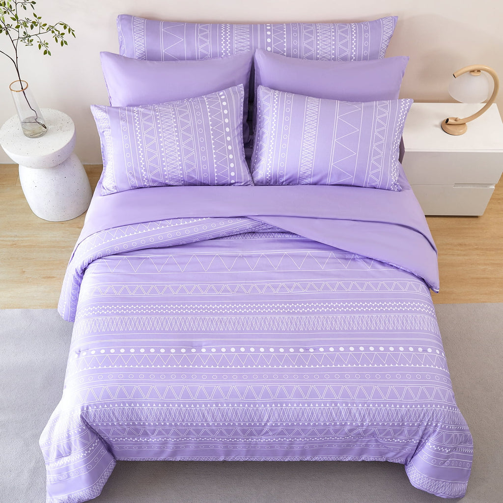 RYNGHIPY 8-Pieces Boho Bedding Set Full Lavender Striped Bed in a Bag for Girls Women Soft Fluffy Purple Comforter Set with Sheet for All Se - Image 3