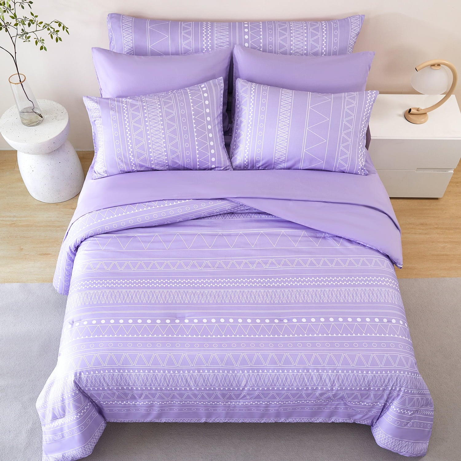 RYNGHIPY 8-Pieces Boho Bedding Set Full Lavender Striped Bed in a Bag for Girls Women Soft Fluffy Purple Comforter Set with Sheet for All Se - Image 3