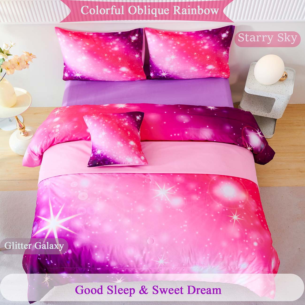 4Pcs Rainbow Twin Size Comforter Set for Girls, Pink Purple Gradient Glitter Kids Bedding Sets, Soft Galaxy Girls Bed... - Image 6