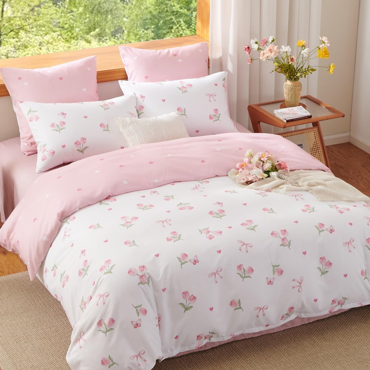 Pink Tulip Queen Comforter Set, 3-Piece Pink Flowers Reversible Soft Bedding Set or Adults All Season - Image 5