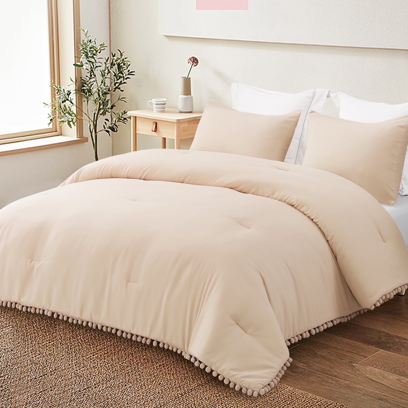 Boho Pom Pom Ball Fringe King Size Comforter Set, 3 Pieces Beige Lightweight Down Alternative Bedding Comforter Sets ... - Image 2