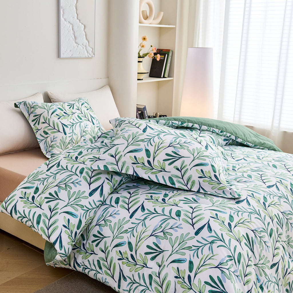 3-Piece Floral Comforter Set King Size, Green and White Botanical, Soft Microfiber All-Season Bedding for Adults & Teens - Image 5