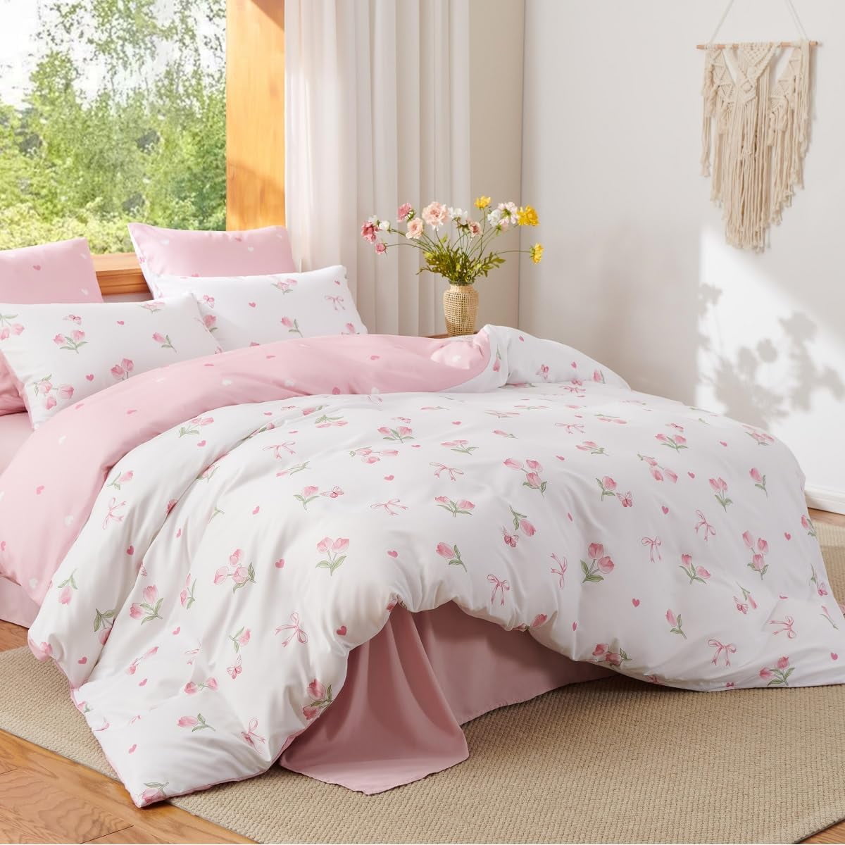 Pink Tulip Queen Comforter Set, 3-Piece Pink Flowers Reversible Soft Bedding Set or Adults All Season - Image 2