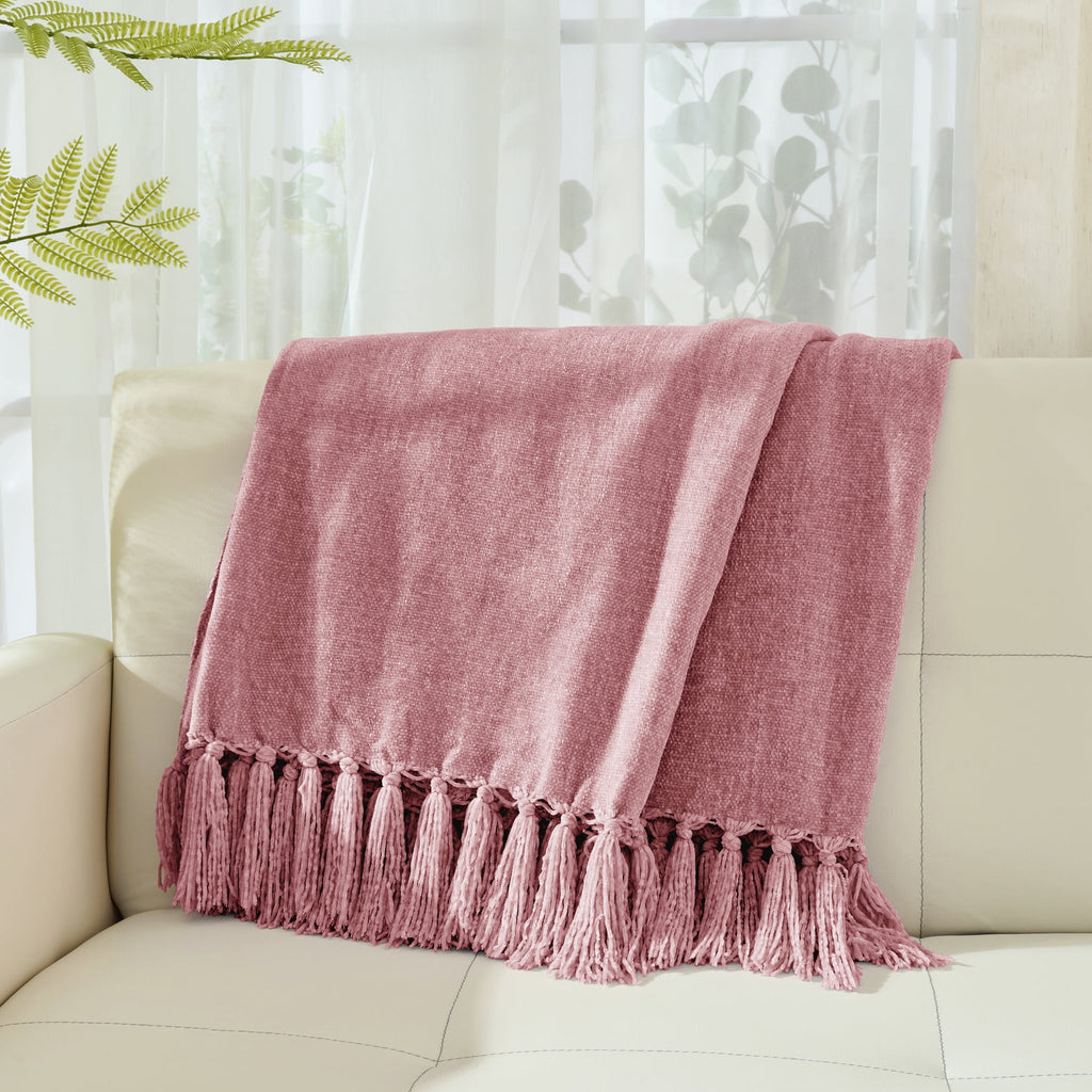 Chenille Throw Blanket with Fringe Tassel for Couch Sofa Chair Bed, Mauve 50" X 70" - Image 3