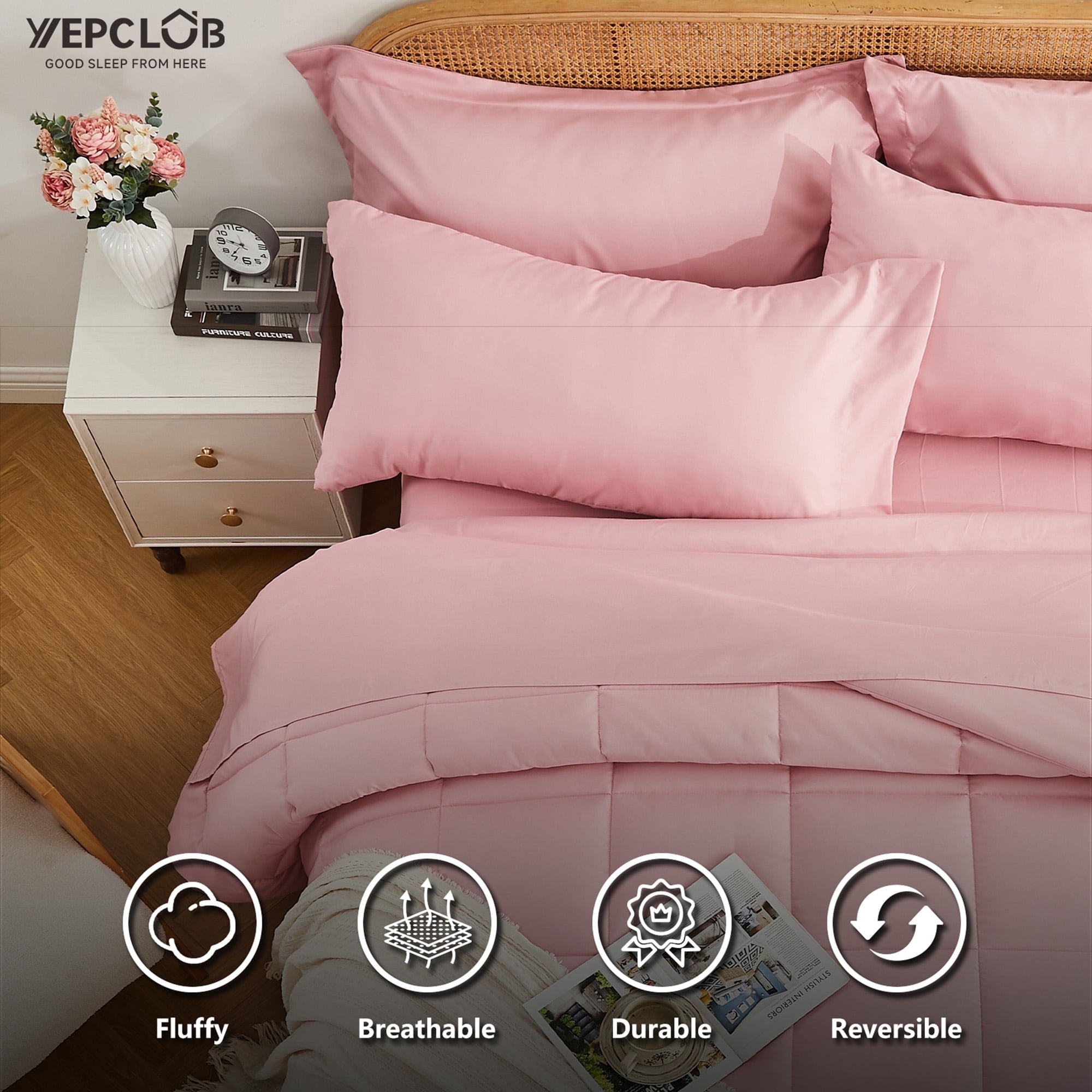 7-Piece Queen Size Comforter Set,Pink Reversible Bed in a Bag,All Season Solid Bedding Set with Sheets,Pillowcases & ... - Image 2