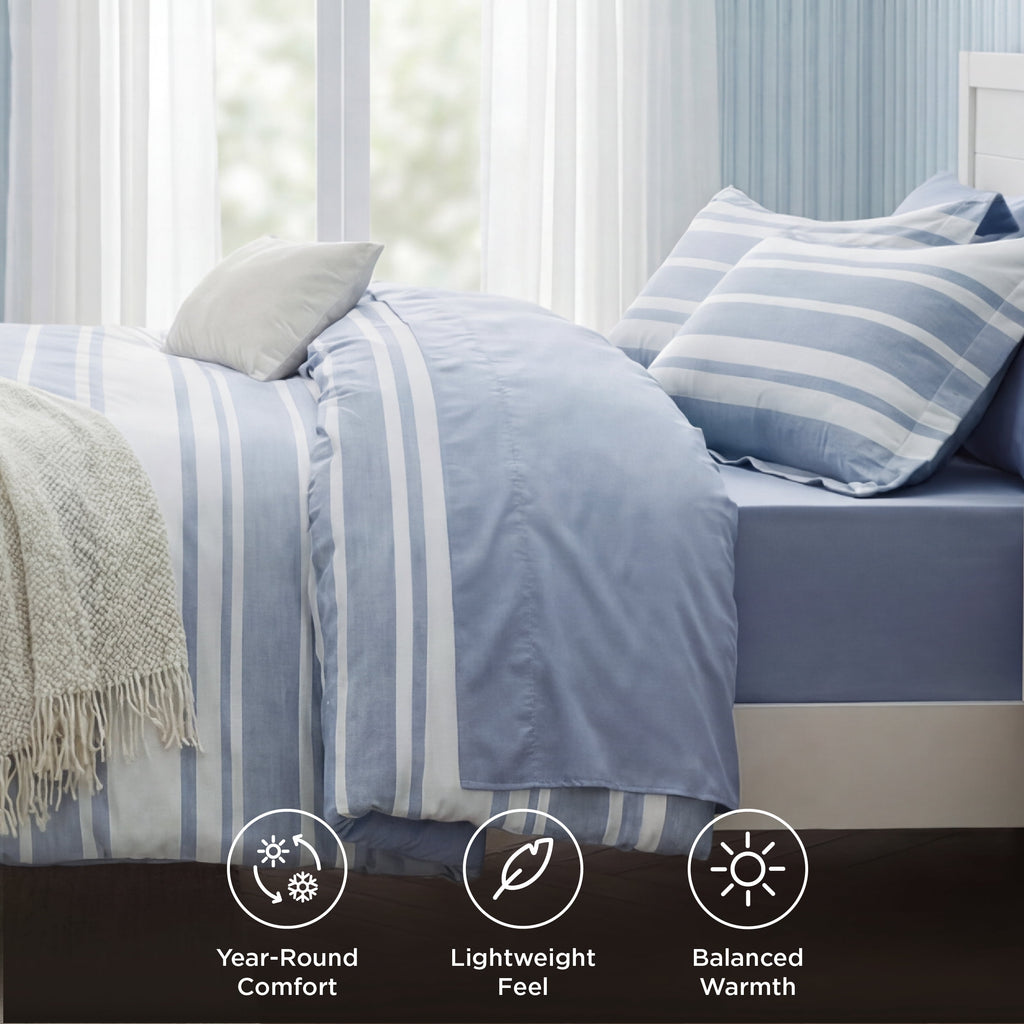 Queen Comforter Set Blue, Bed in a Bag Queen Size Bedding 7-Pieces, Striped Bedding Set for All Seasons - Image 2
