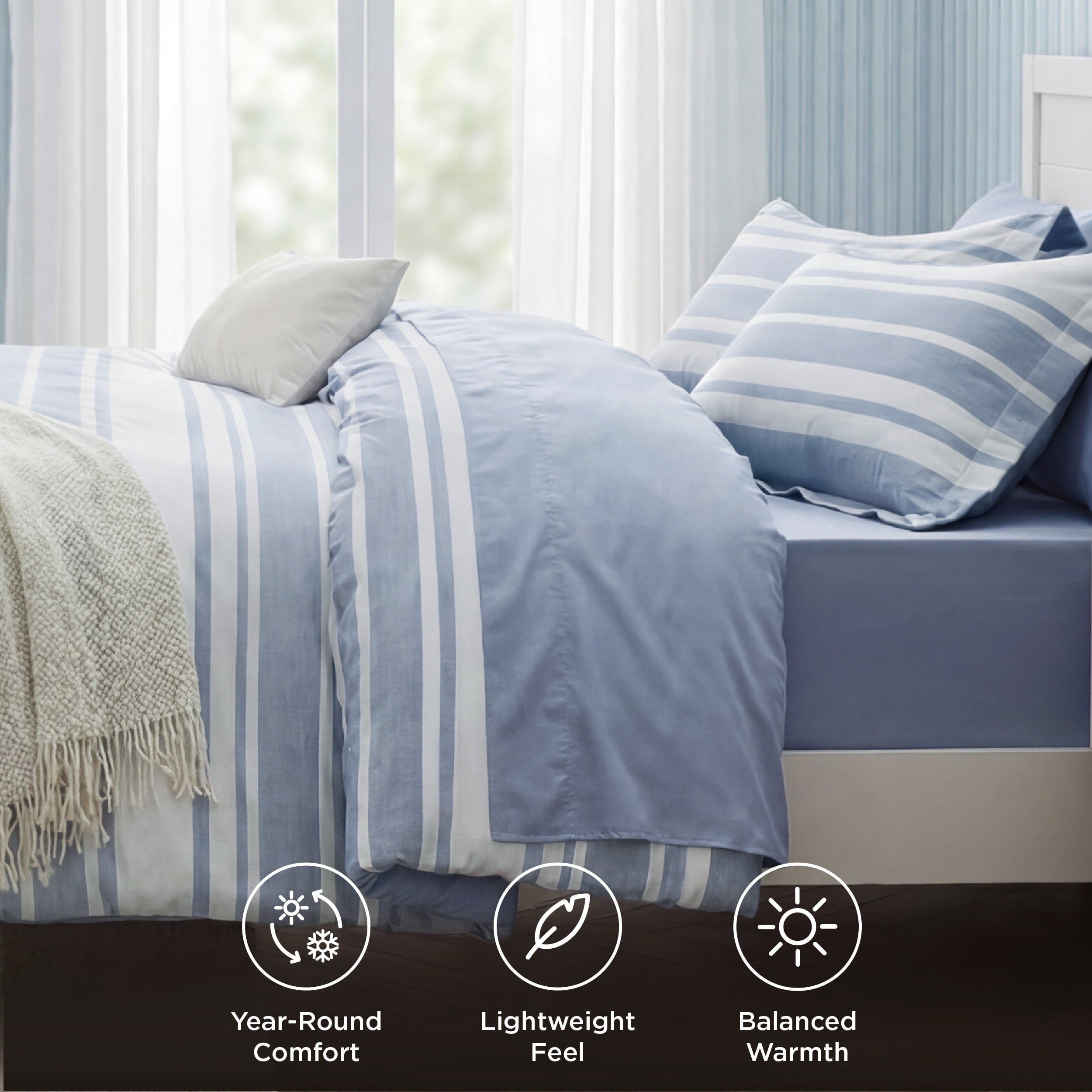 Queen Comforter Set Blue, Bed in a Bag Queen Size Bedding 7-Pieces, Striped Bedding Set for All Seasons - Image 2