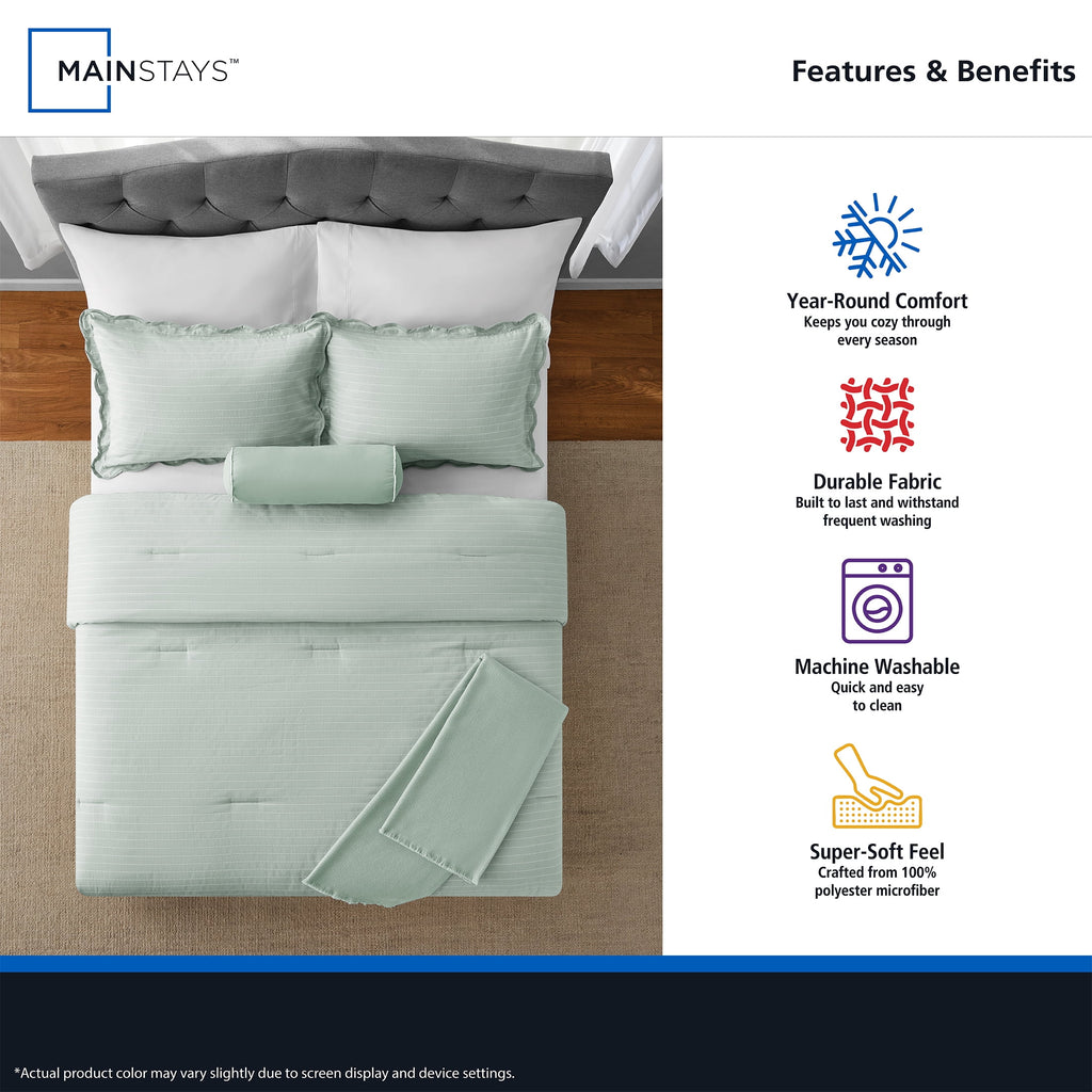 Mainstays Full/Queen Comforter Set, All-Season, 5-Piece, Sage Pick Stitch Scallop - Image 4