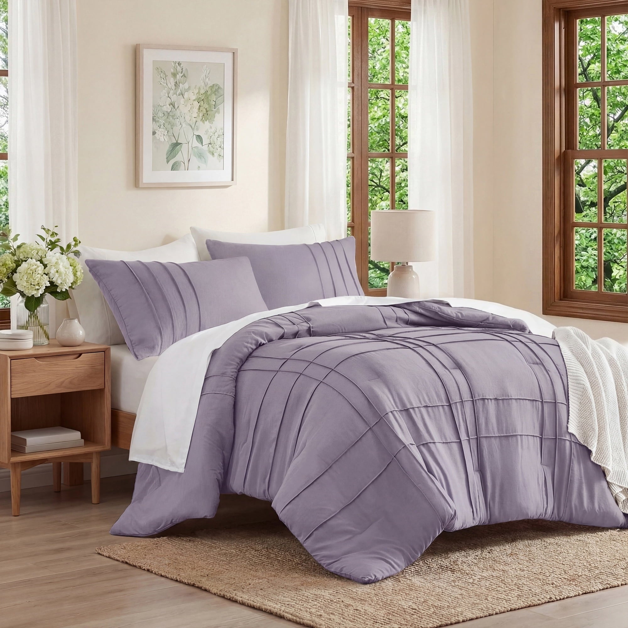 Full/Queen Comforter Set, Boho 3-Piece Pintuck Stitching Bedding Set, Soft Washed Pleated Bed Sets with Pillow Shams,... - Image 2