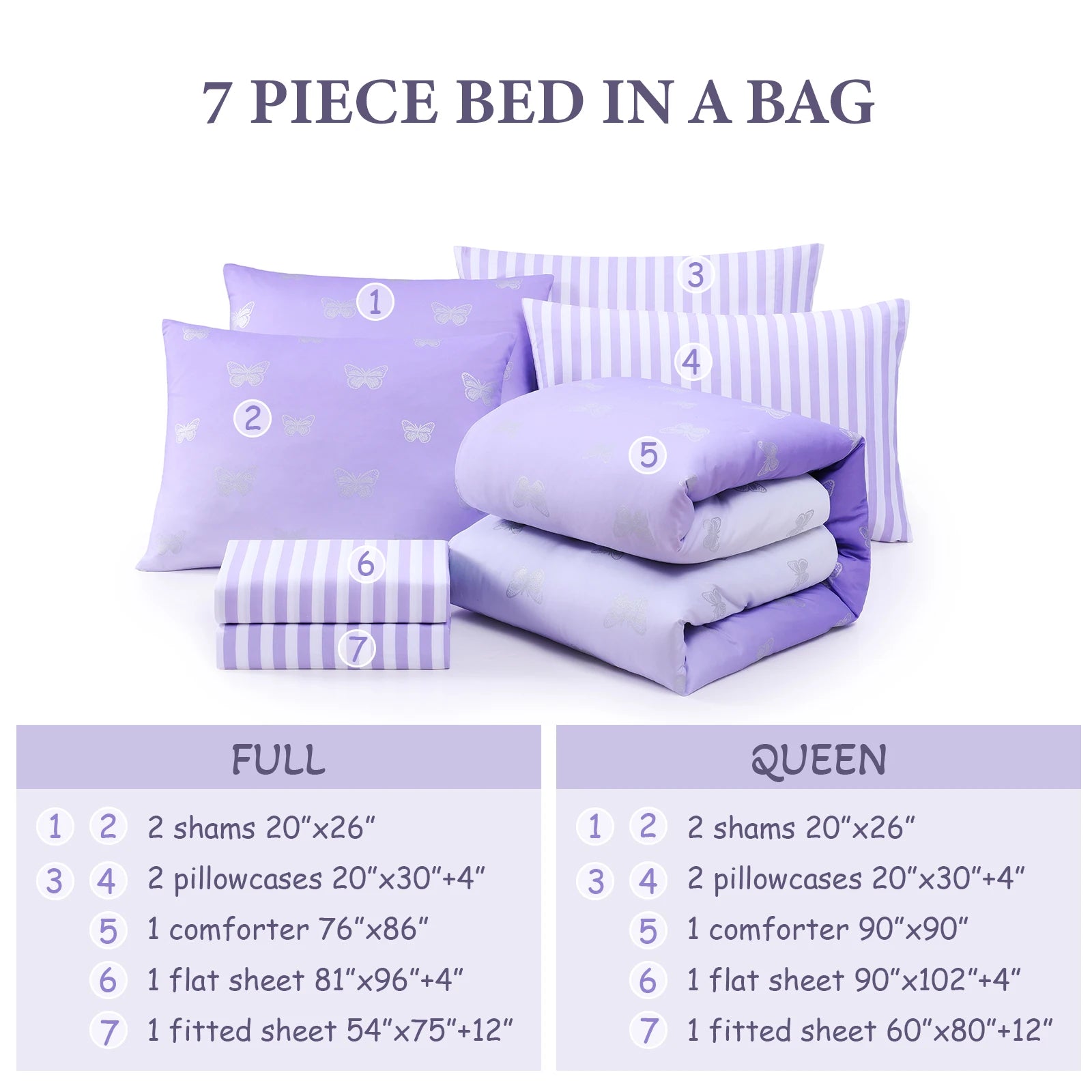 gold foil Design 7-piece Bed in a Bag Comforter Set with Sheets,Purple/Silver Butterflies,Full - Image 2