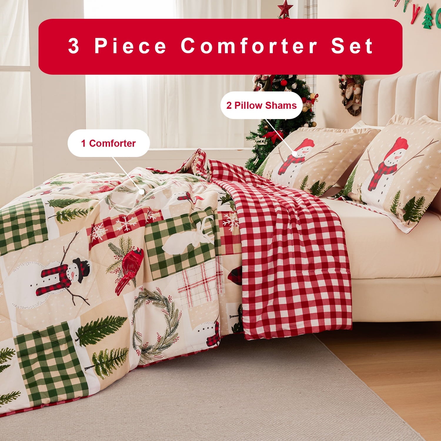 Smuge 3 Pcs Christmas Comforter Set, Bed in a Bag Wreath Snowman Queen/Full Size Xmas Bedding Set Fitted Pillowcases for Adult - Image 5