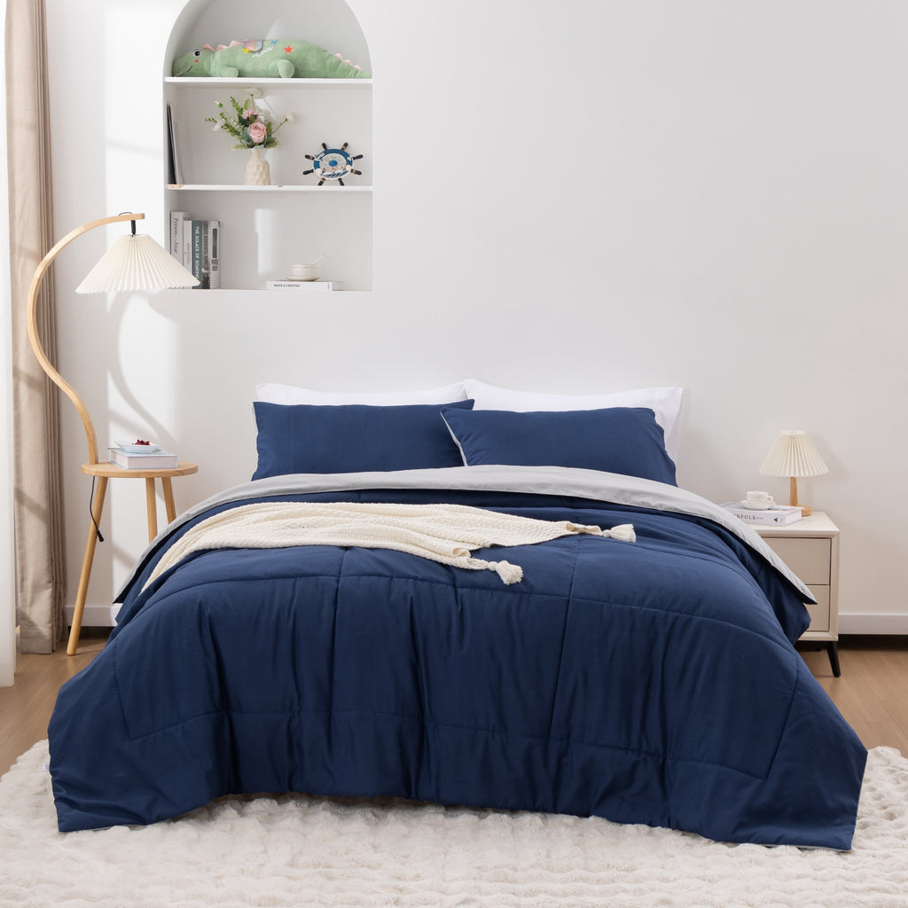 Queen Comforter Set All Season Reversible Bed Set with 2 Pillow Cases 3 Pieces Bedding Sets Down Alternative Blue/Gra... - Image 2
