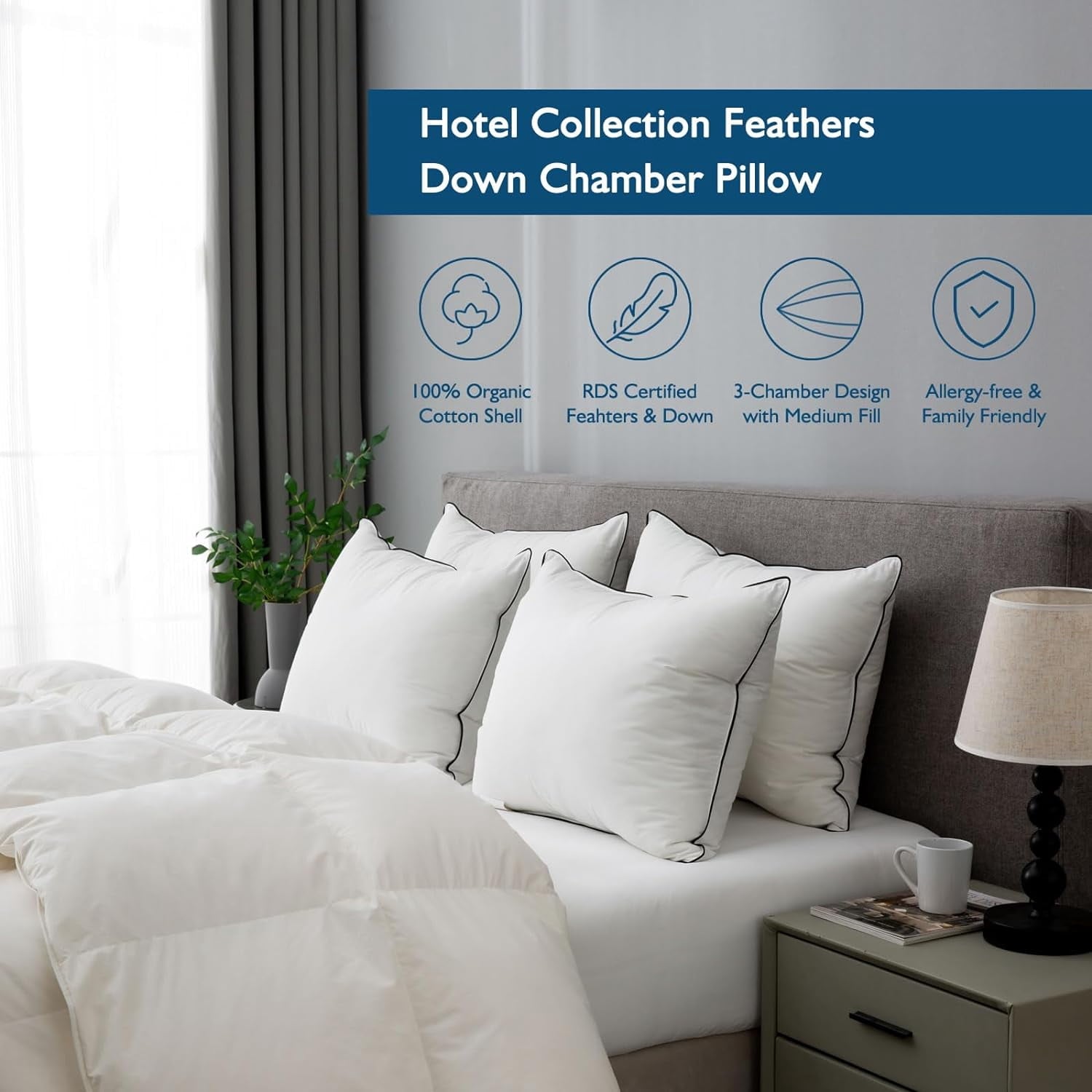 Hypoallergenic 3‑Chamber Goose Feather Down Core Bed Pillows, Standard Size Set of 2, With Microfiber Surround, Soft-... - Image 2