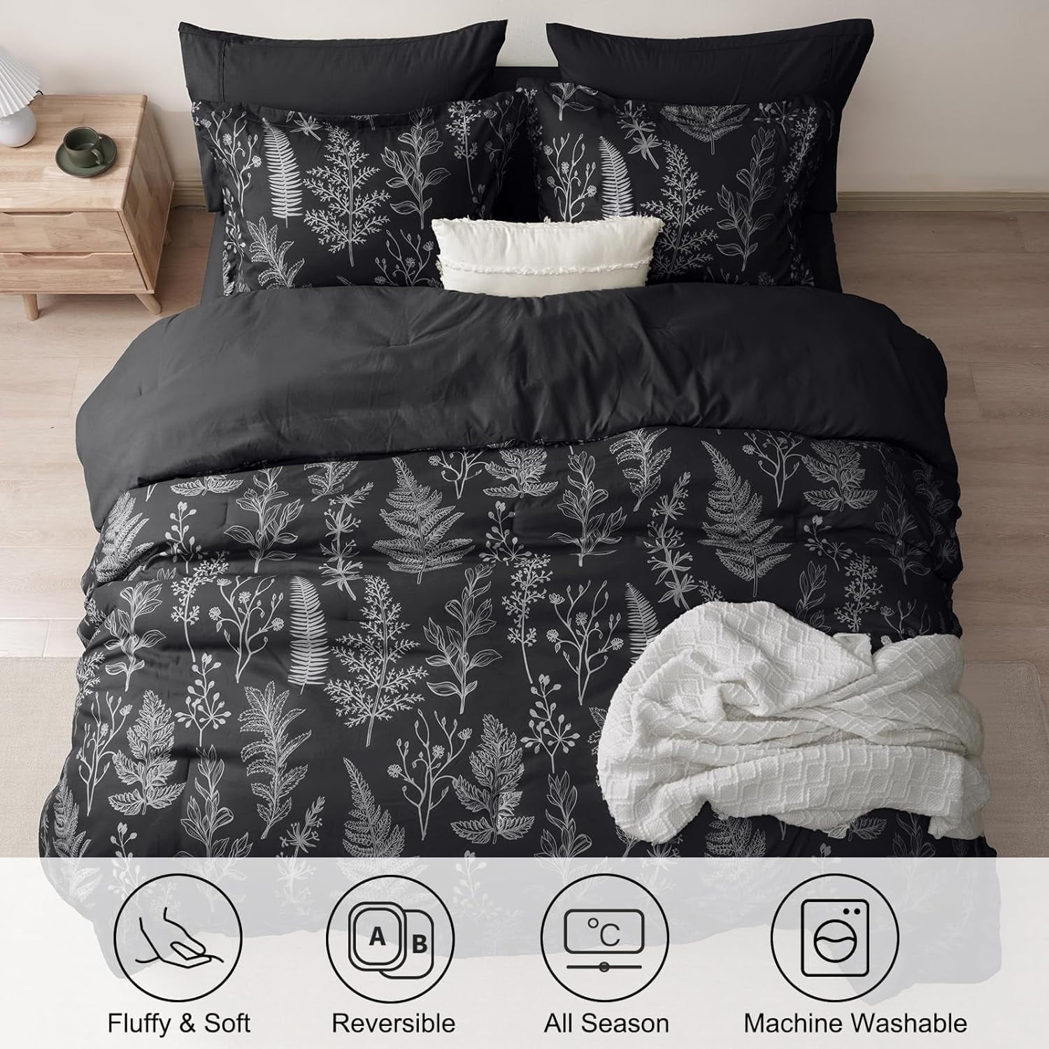 PHF 3 Pieces Printed Comforter Set Queen Size, Lightweight Botanical Floral Bed in a Bag, Ultra Soft Bedding Set with 1 Reversible Comforter - Image 5