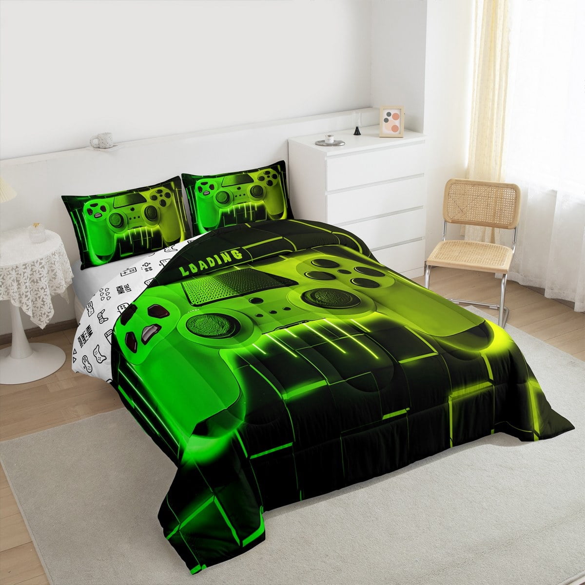 Green Yellow Gaming Full Size Comforter Sets - Gamer Comforter Full Size Bedding Set, Neon Lights Abstract Geometry Design Gamer Room Decor - Image 3