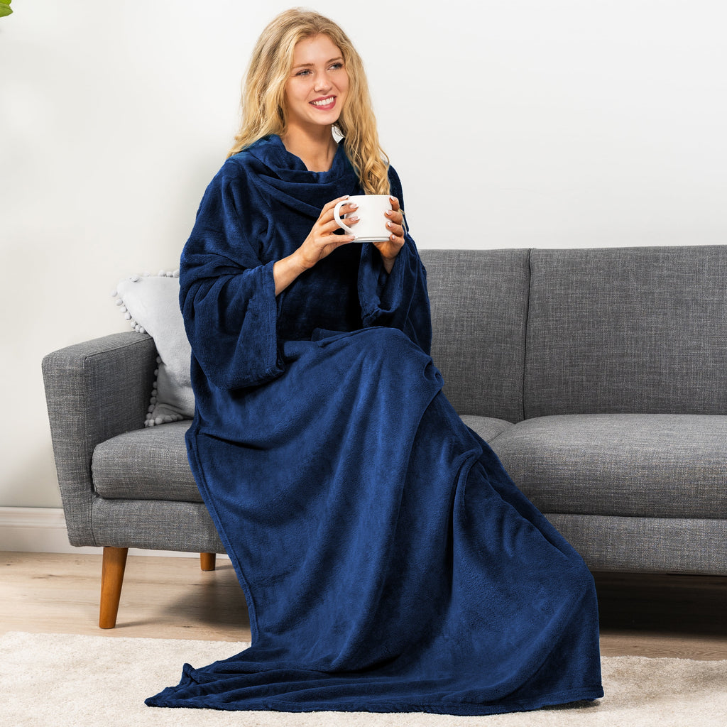 Navy Blue Fleece Wearable Blanket with Sleeves for Adults Women Men, Soft Warm Full Body Wrap Throw, Sweatshirt Pocke... - Image 2