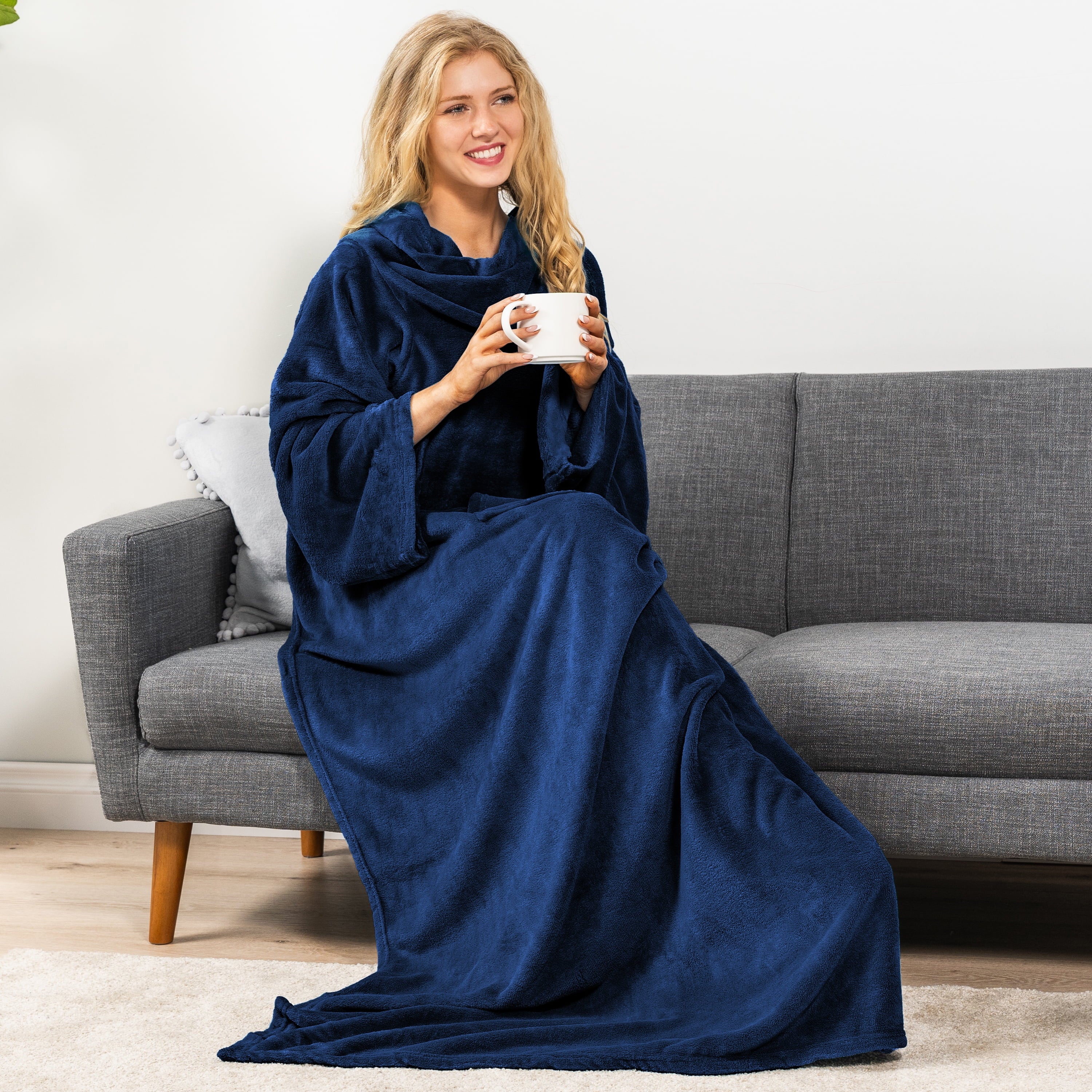 Navy Blue Fleece Wearable Blanket with Sleeves for Adults Women Men, Soft Warm Full Body Wrap Throw, Sweatshirt Pocke... - Image 2