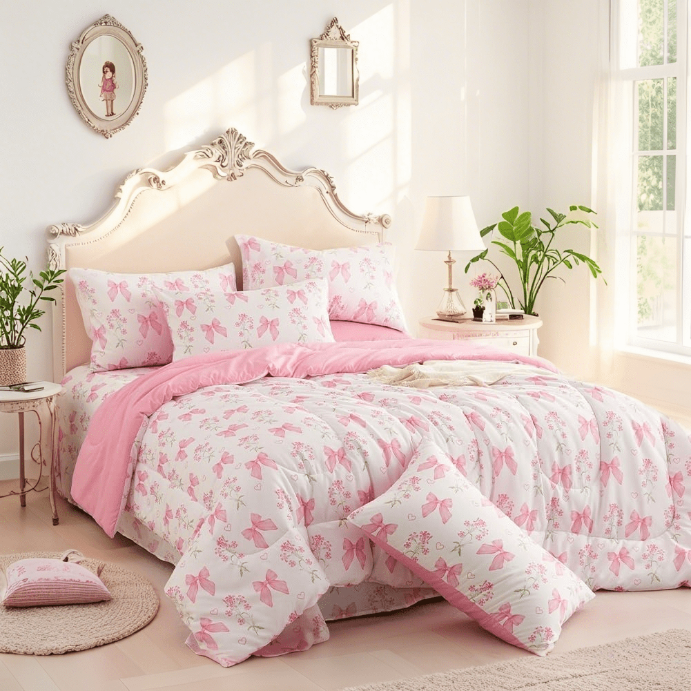JOLUSERE Pink Bowknot Girls Comforter Set Twin Size, 3 Pieces Bows Princess Style Bedding Set for Girls for All Season - Image 2