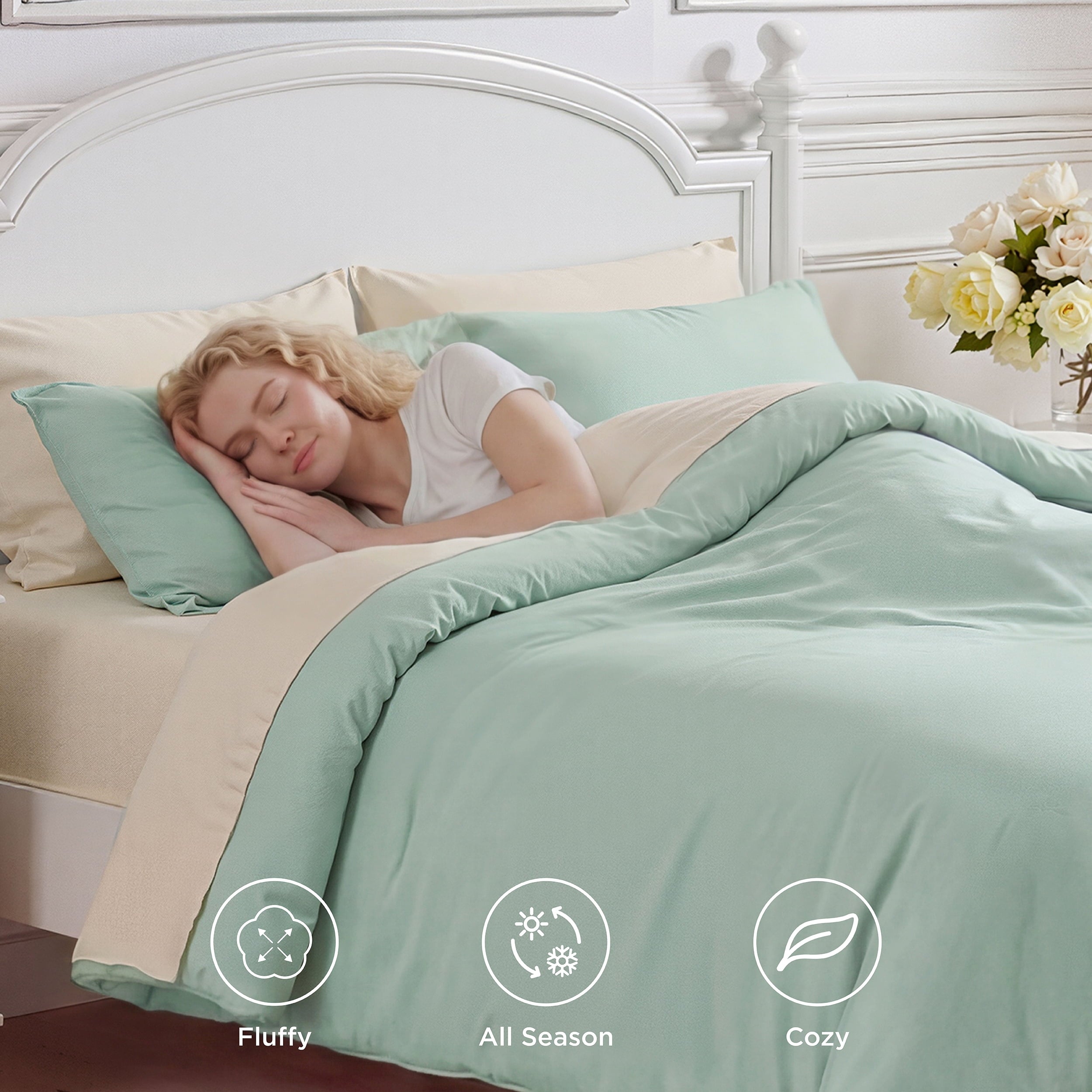 Queen Comforter Set Sage Green, 7 Pieces Lightweight Queen Bedding Sets, Contrasting Design - Image 2