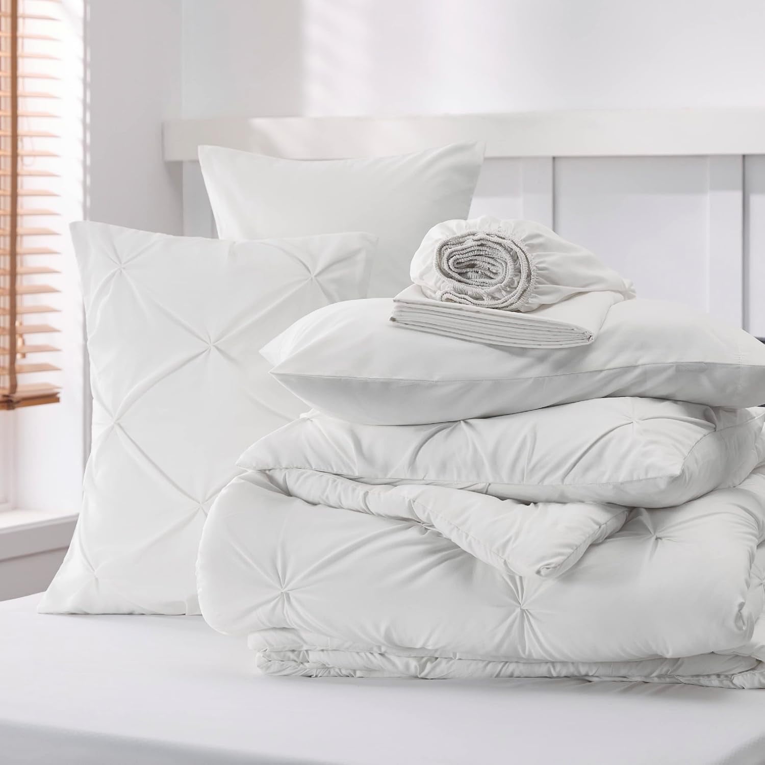 White Queen Comforter Set- 7 Pieces Pintuck Bedding Set with Comforters, Sheets, Pillowcases & Shams - Image 6