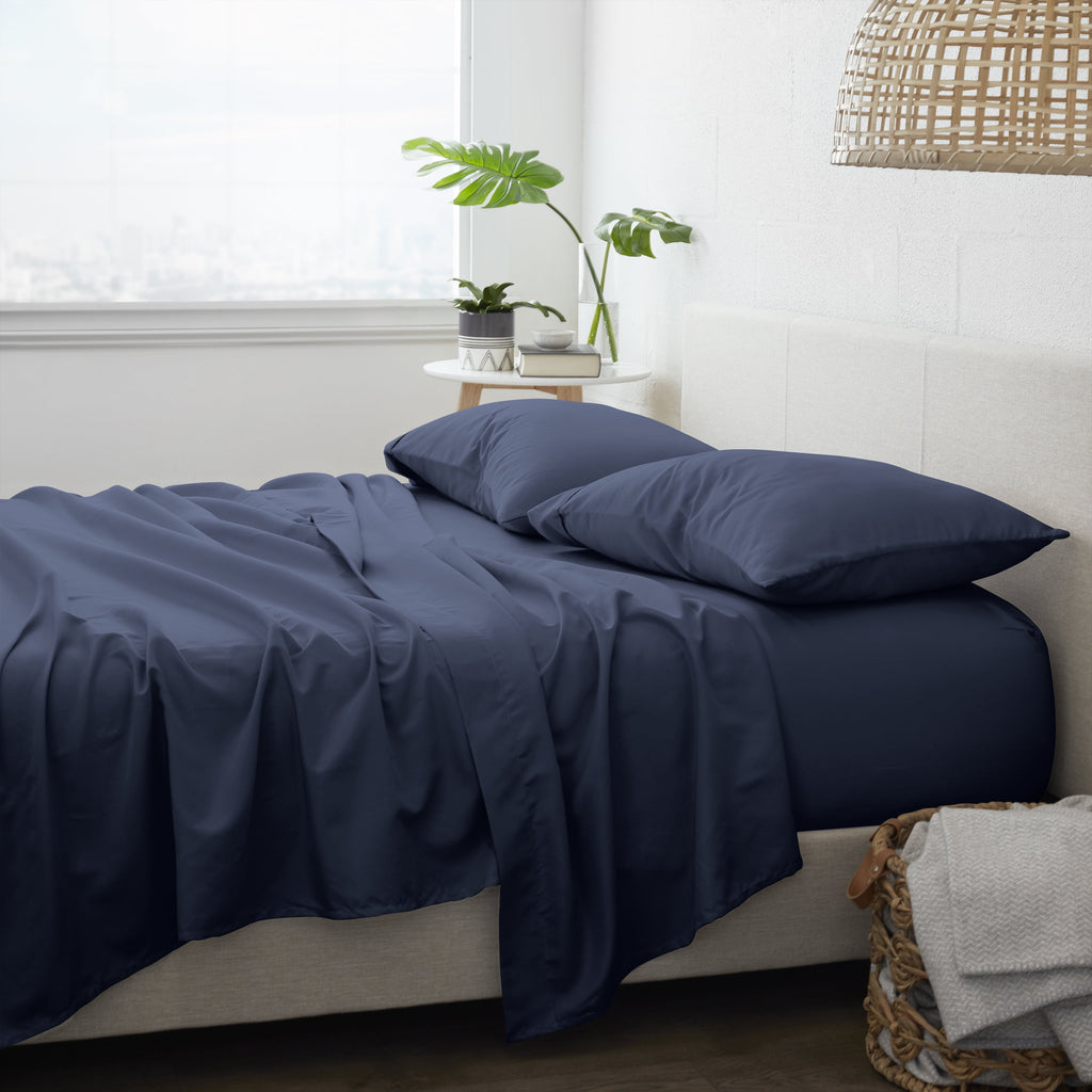 Noble Linens 4 Piece Solid Microfiber Bed Sheet Set, Navy, Queen - Image 6