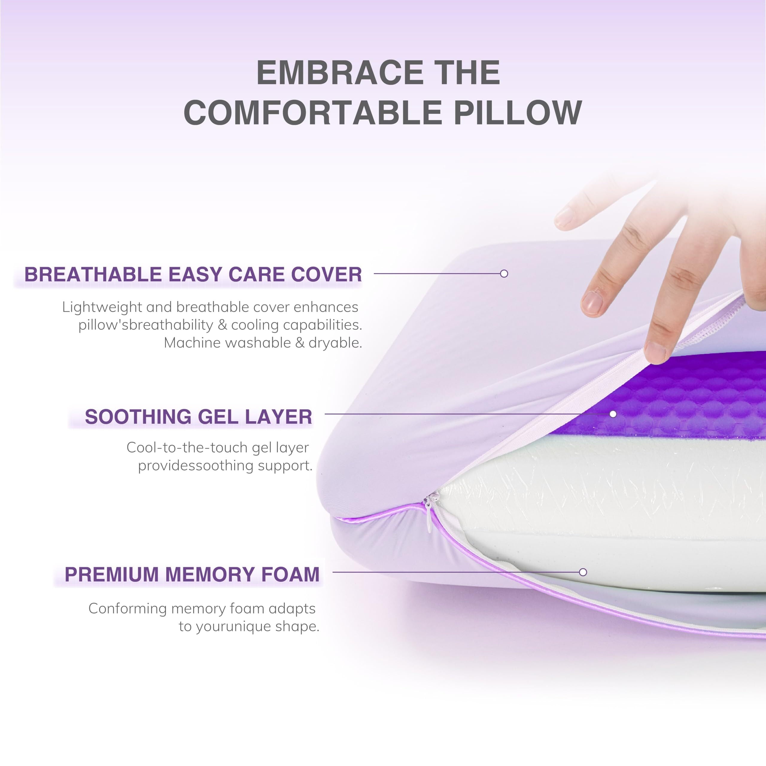 Memory Foam Pillow, Cooling Gel Bed Pillow, Queen, Purple - Image 3