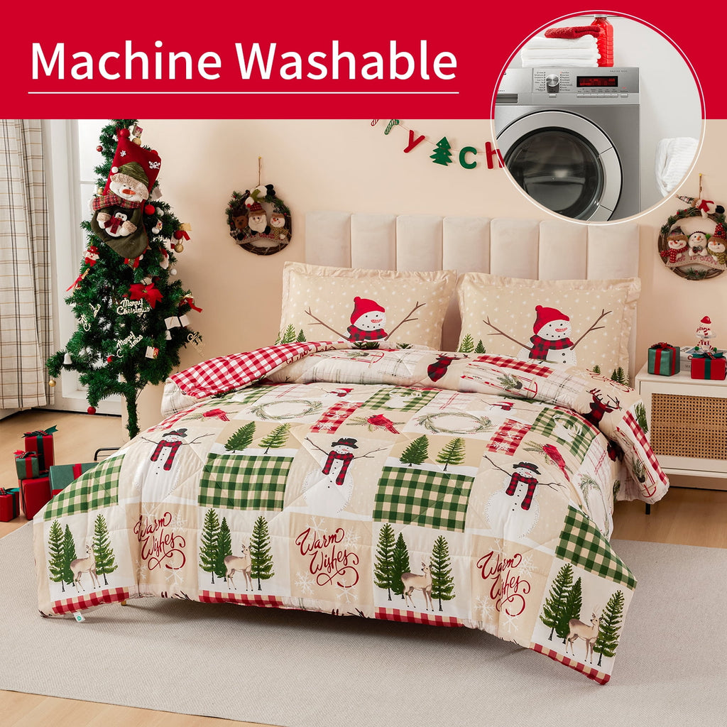 Smuge 3 Pcs Christmas Comforter Set, Bed in a Bag Wreath Snowman Queen/Full Size Xmas Bedding Set Fitted Pillowcases for Adult - Image 4