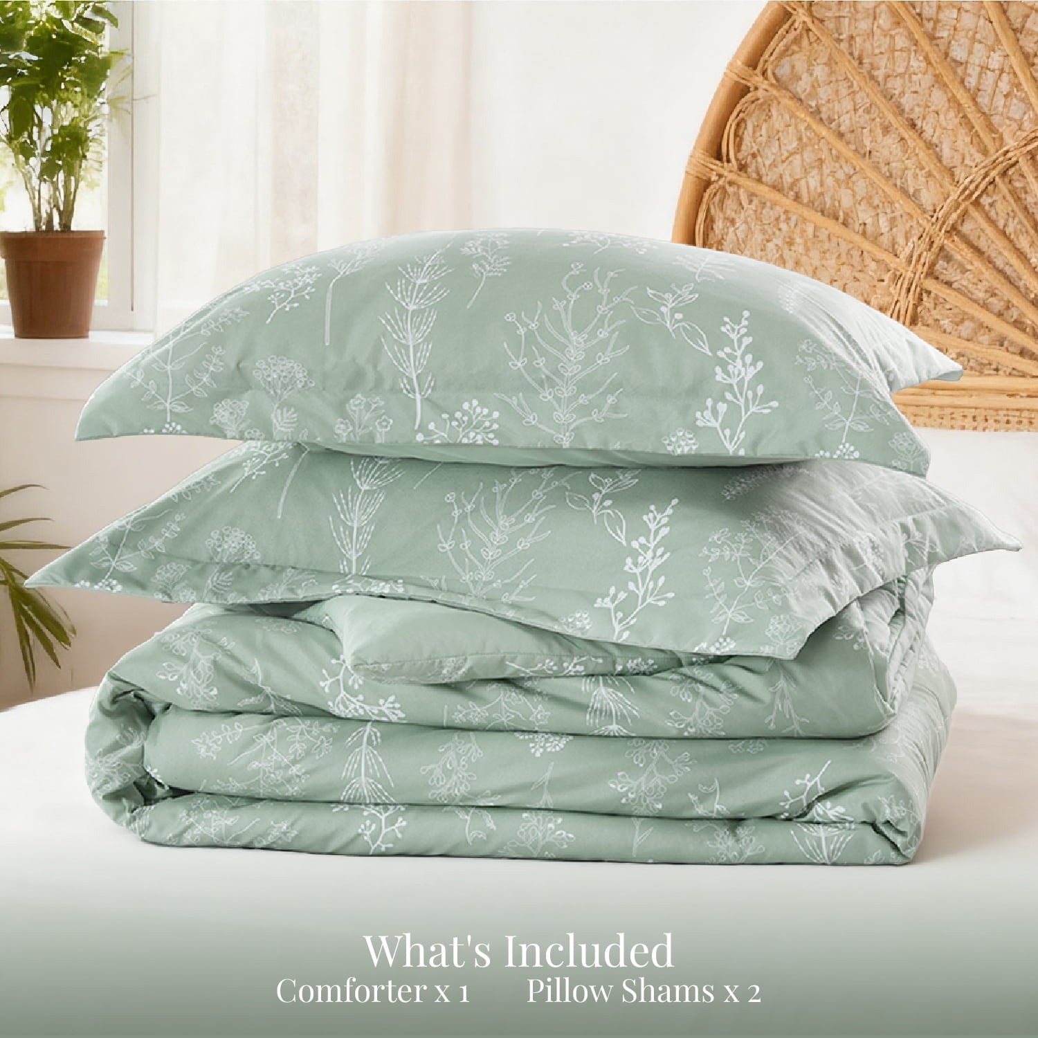 3 Pieces Sage Green Floral Comforter Sets, 1 Botanical Flowers Reversible Comforter and 2 Pillow Shams, Queen Size Be... - Image 6