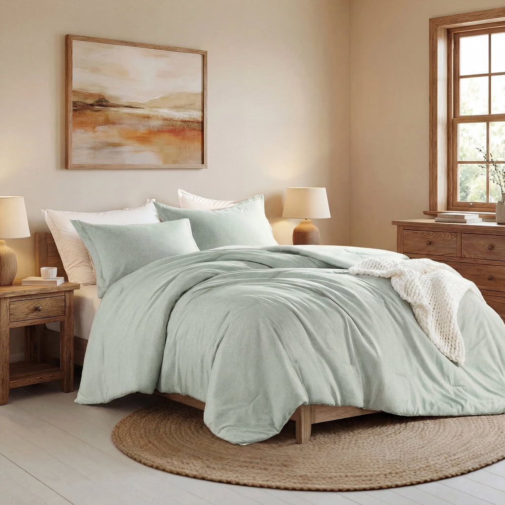 Full/Queen Comforter Sets, Reversible 3 Piece Extra Soft Bedding Set, Chambray Print Sage Green Comforter Bed Set wit... - Image 2