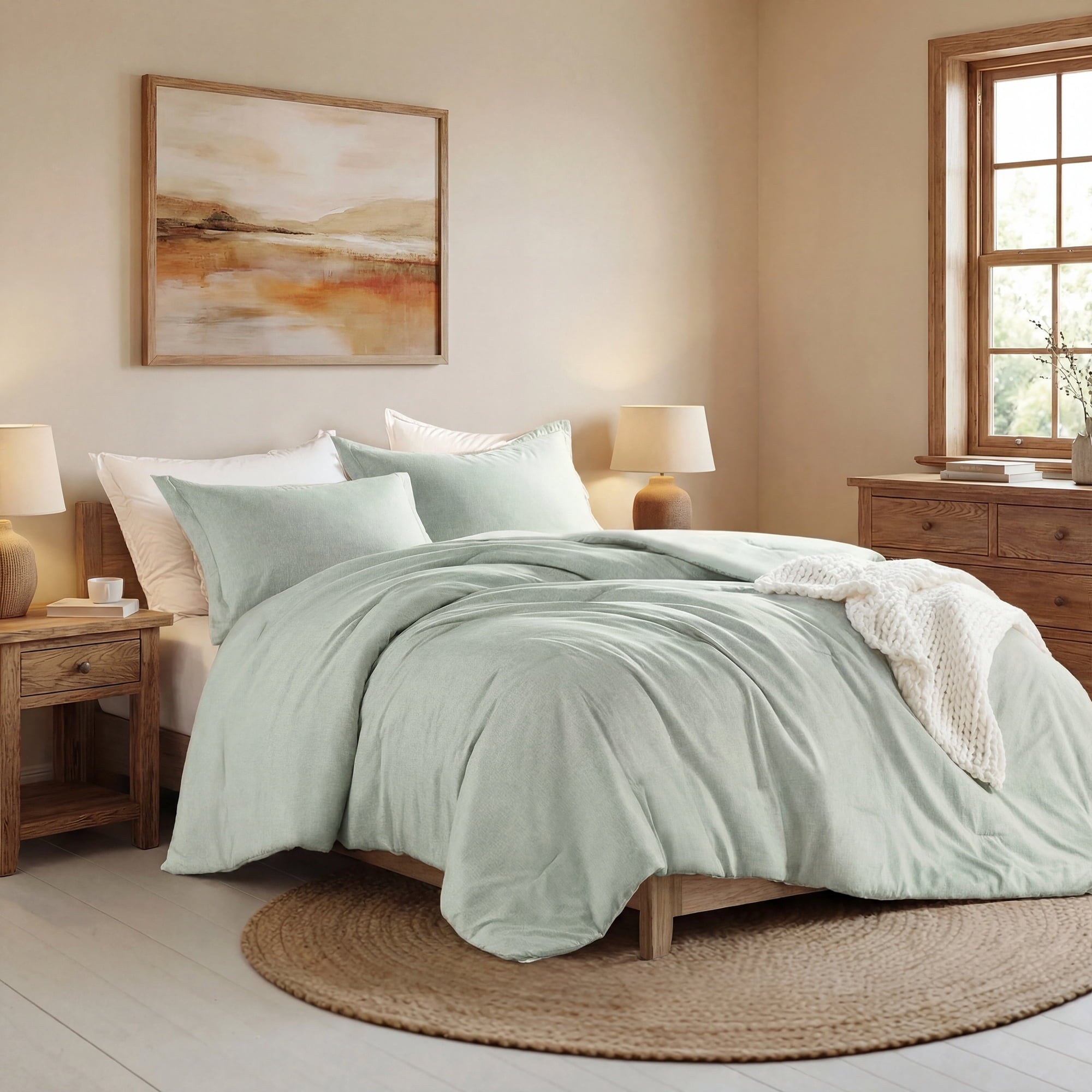 Full/Queen Comforter Sets, Reversible 3 Piece Extra Soft Bedding Set, Chambray Print Sage Green Comforter Bed Set wit... - Image 2
