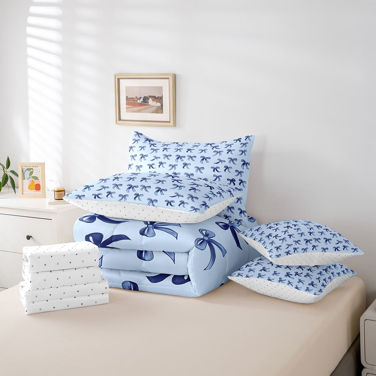 Cute Bowknot Twin Bedding Sets 7-Piece,Girls Ribbon Bow Bedding Comforter Set,Dreamy Blue Sheet Sets For Girls,Super ... - Image 6
