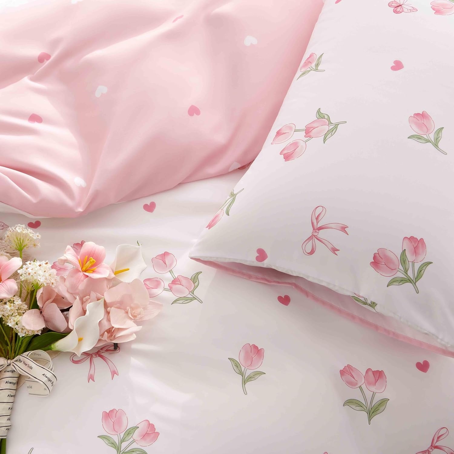 Pink Tulip Queen Comforter Set, 3-Piece Pink Flowers Reversible Soft Bedding Set or Adults All Season - Image 6