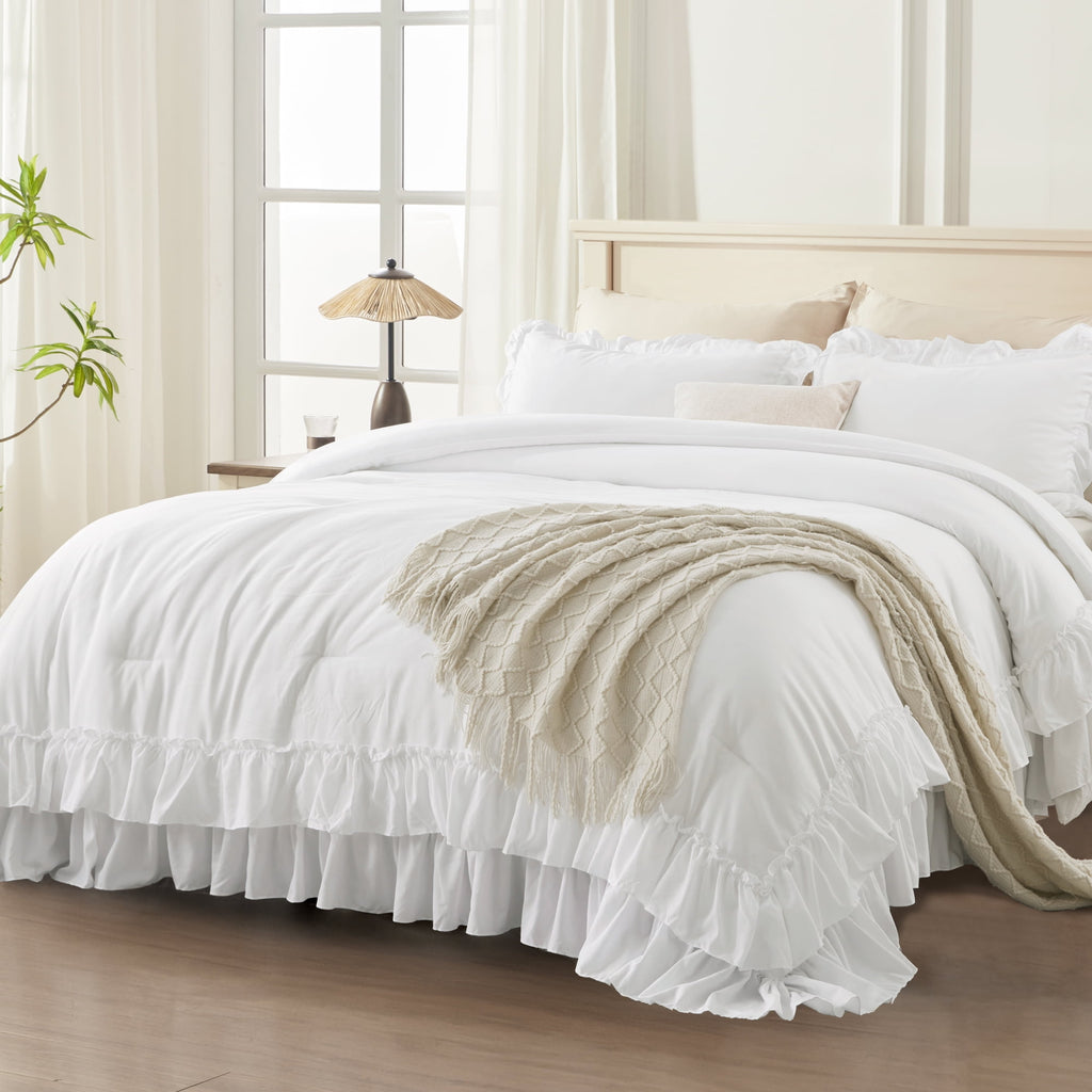 Queen Comforter Set White - 3 Pieces Soft Fluffy Ruffle Bedding Comforter Sets for Queen Bed, All Season Farmhouse Li...